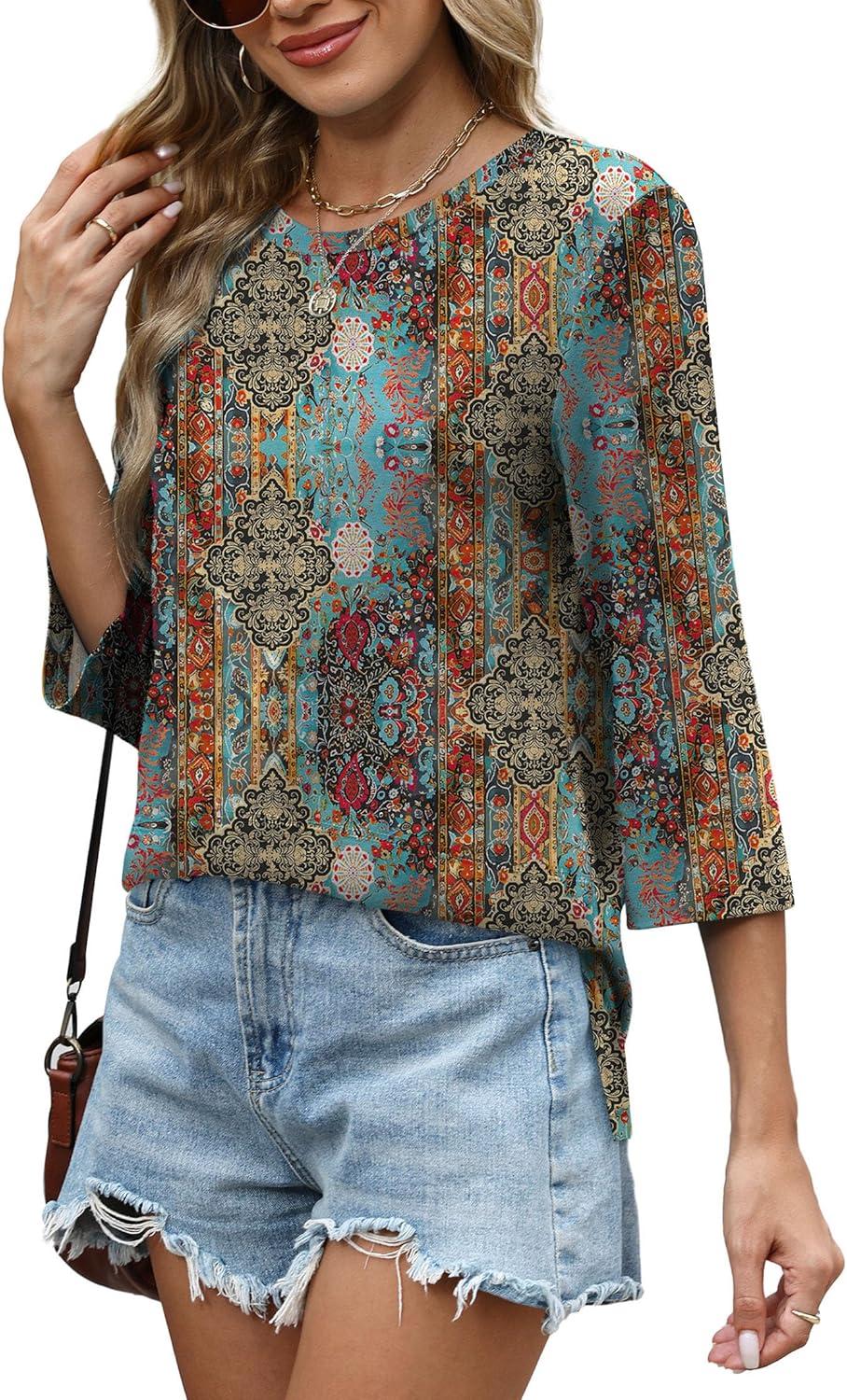 imageXIEERDUO 34 Length Sleeve Tops for Women Business Casual Blouses Slit Side Shirts Blouses Summer Fashion Clothes 2026Floral Multicolor