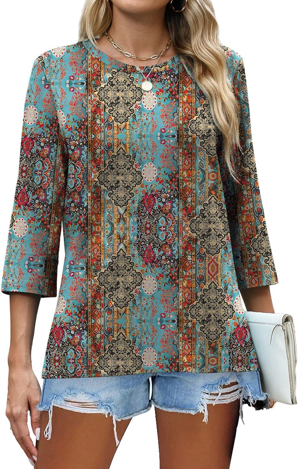 imageXIEERDUO 34 Length Sleeve Tops for Women Business Casual Blouses Slit Side Shirts Blouses Summer Fashion Clothes 2026Floral Multicolor