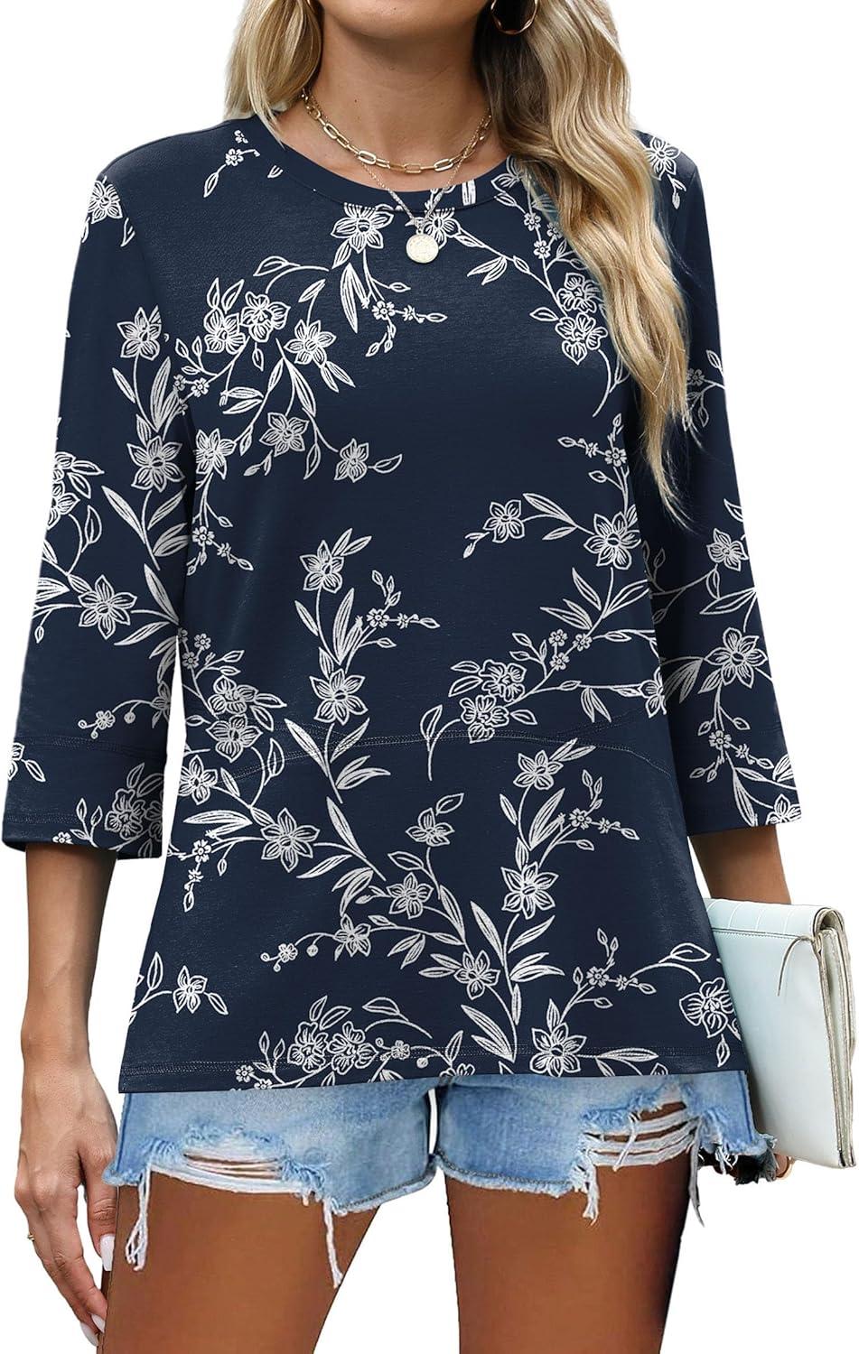 imageXIEERDUO 34 Length Sleeve Tops for Women Business Casual Blouses Slit Side Shirts Blouses Summer Fashion Clothes 2026Floral Navy