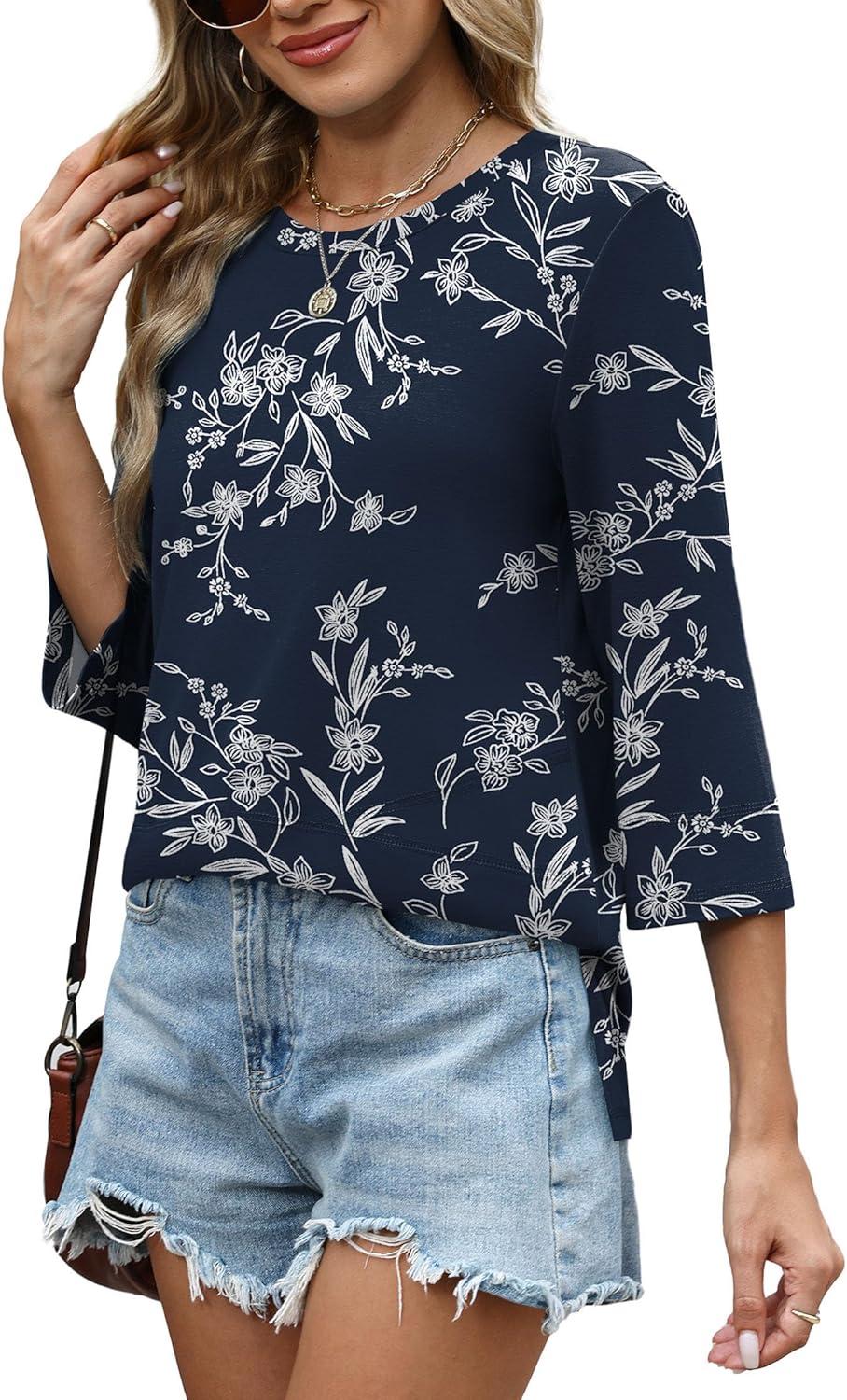 imageXIEERDUO 34 Length Sleeve Tops for Women Business Casual Blouses Slit Side Shirts Blouses Summer Fashion Clothes 2026Floral Navy