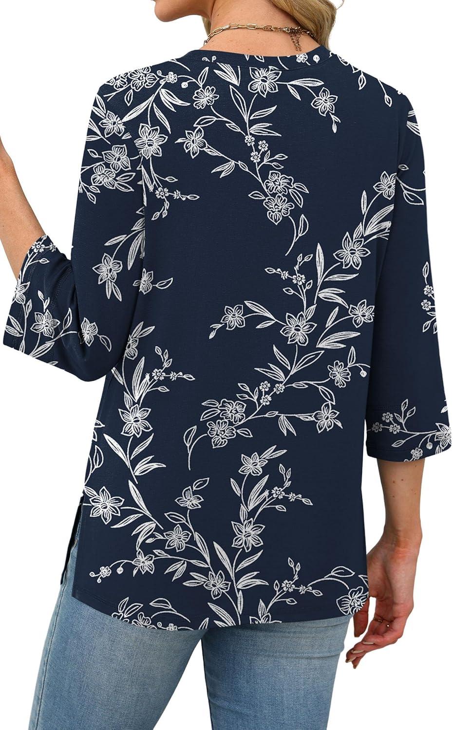 imageXIEERDUO 34 Length Sleeve Tops for Women Business Casual Blouses Slit Side Shirts Blouses Summer Fashion Clothes 2026Floral Navy