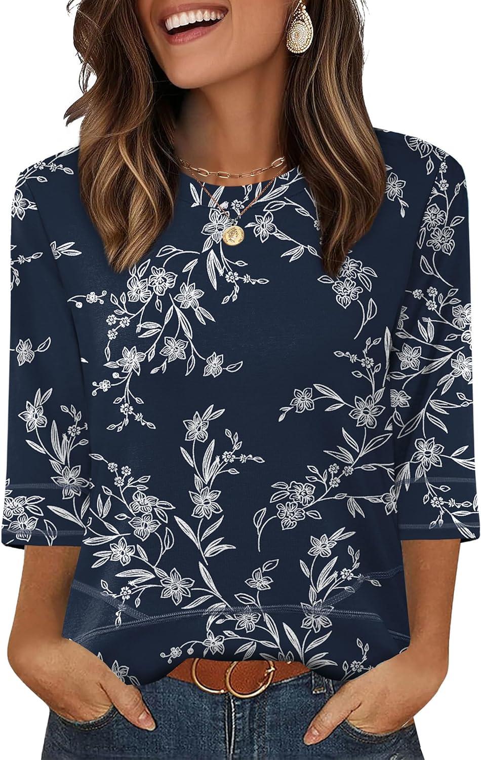 imageXIEERDUO 34 Length Sleeve Tops for Women Business Casual Blouses Slit Side Shirts Blouses Summer Fashion Clothes 2026Floral Navy
