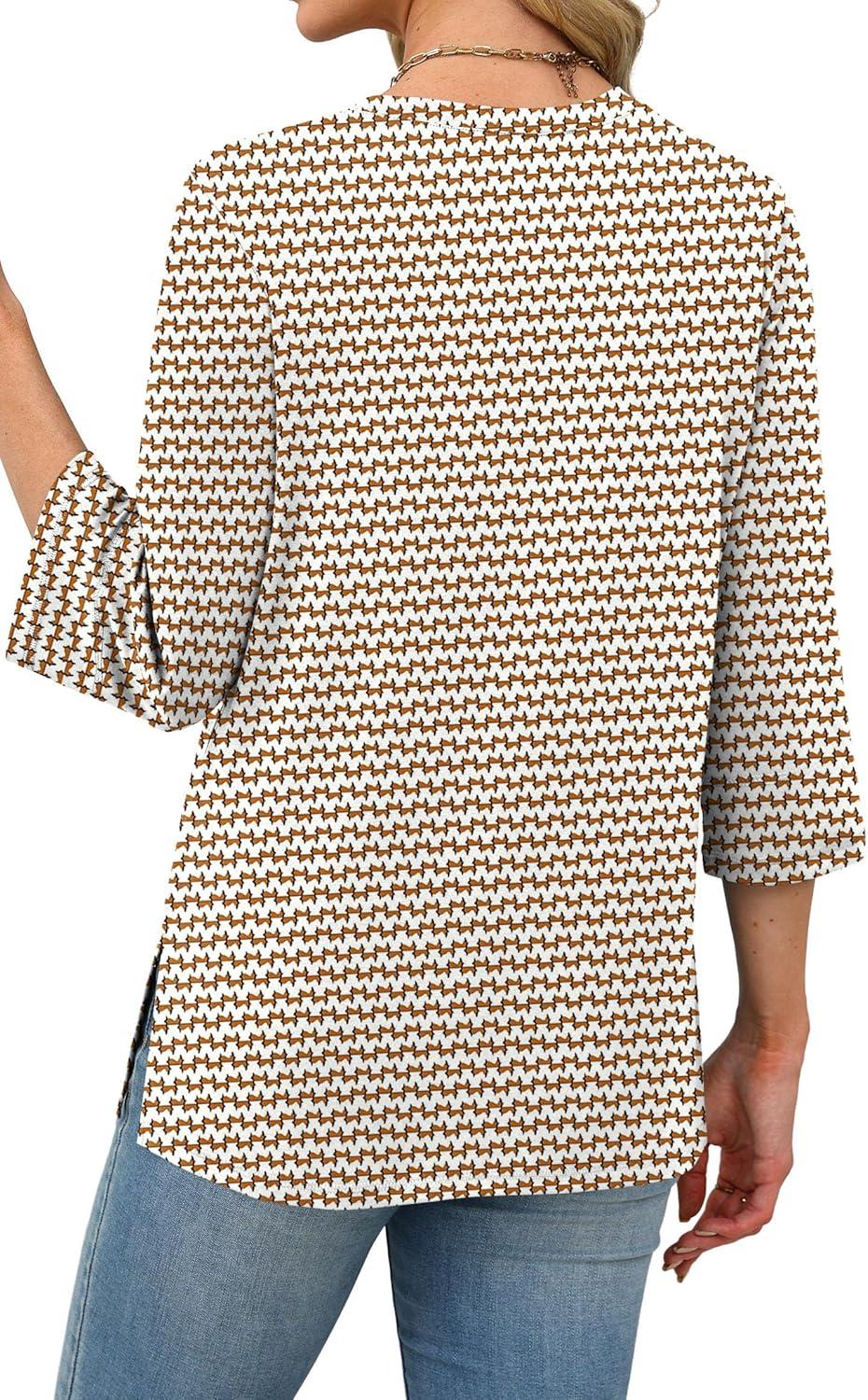 imageXIEERDUO 34 Length Sleeve Tops for Women Business Casual Blouses Slit Side Shirts Blouses Summer Fashion Clothes 2026Floral Stripes