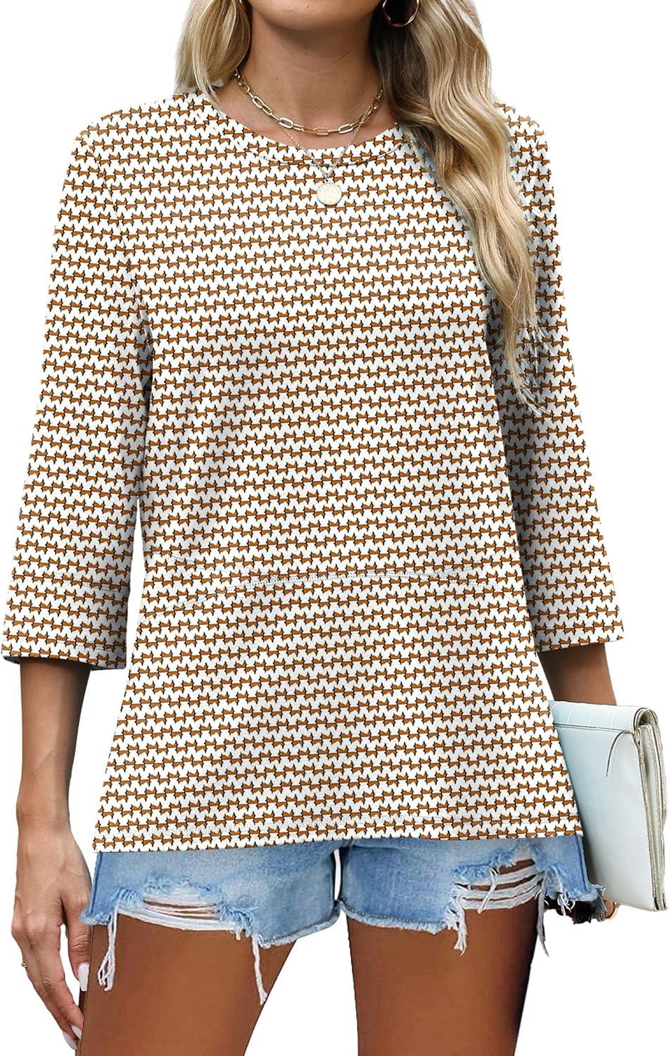 imageXIEERDUO 34 Length Sleeve Tops for Women Business Casual Blouses Slit Side Shirts Blouses Summer Fashion Clothes 2026Floral Stripes