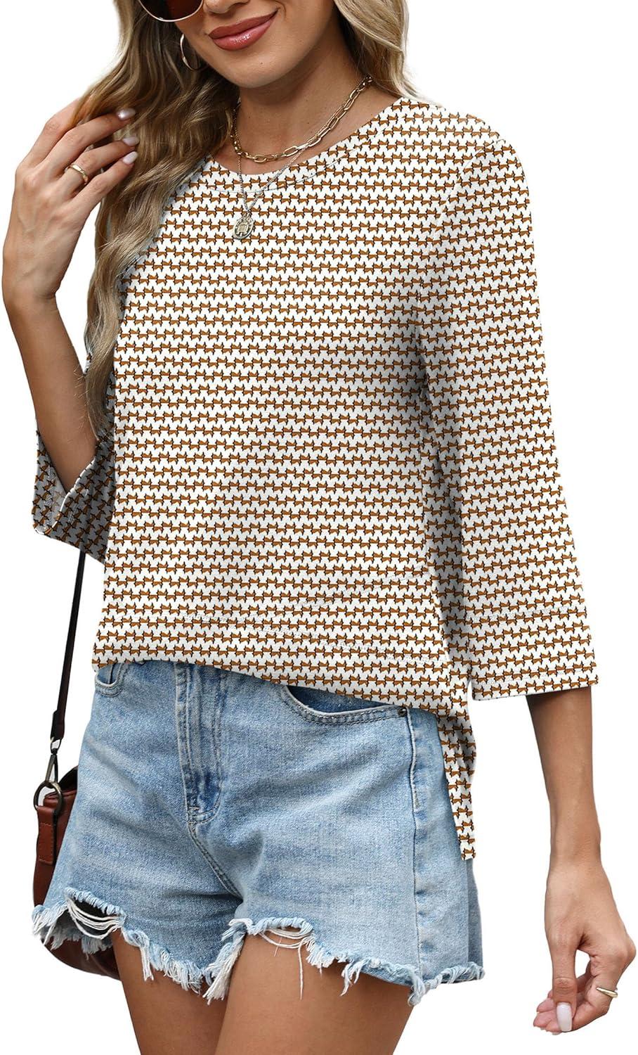imageXIEERDUO 34 Length Sleeve Tops for Women Business Casual Blouses Slit Side Shirts Blouses Summer Fashion Clothes 2026Floral Stripes