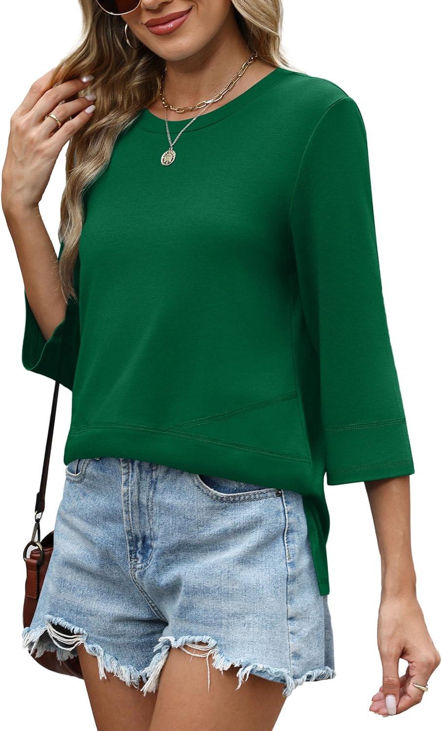 imageXIEERDUO 34 Length Sleeve Tops for Women Business Casual Blouses Slit Side Shirts Blouses Summer Fashion Clothes 2026Green