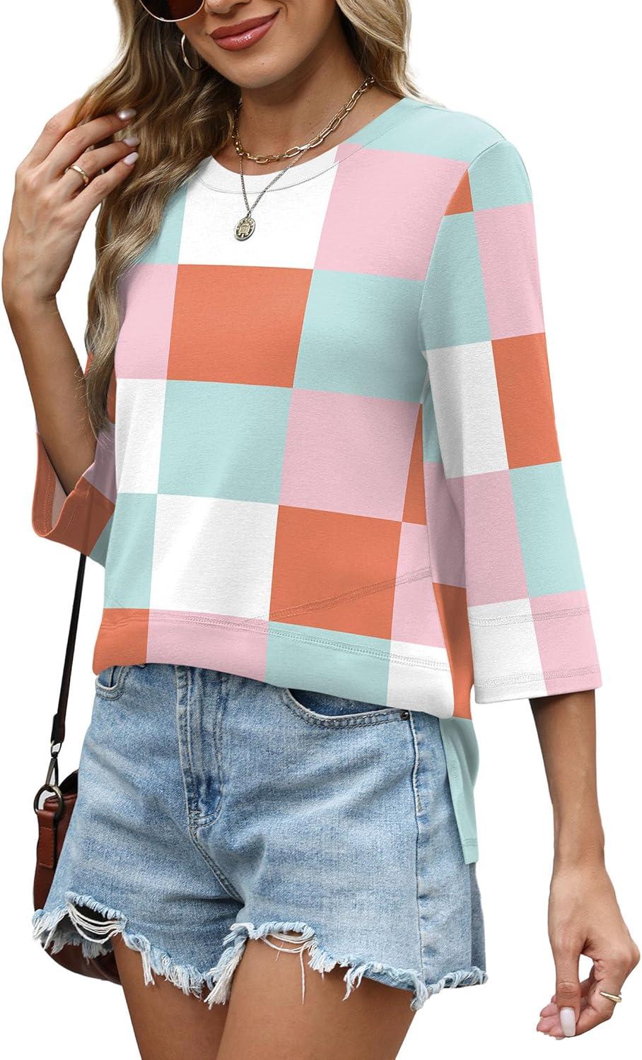 imageXIEERDUO 34 Length Sleeve Tops for Women Business Casual Blouses Slit Side Shirts Blouses Summer Fashion Clothes 2026Plaid Print