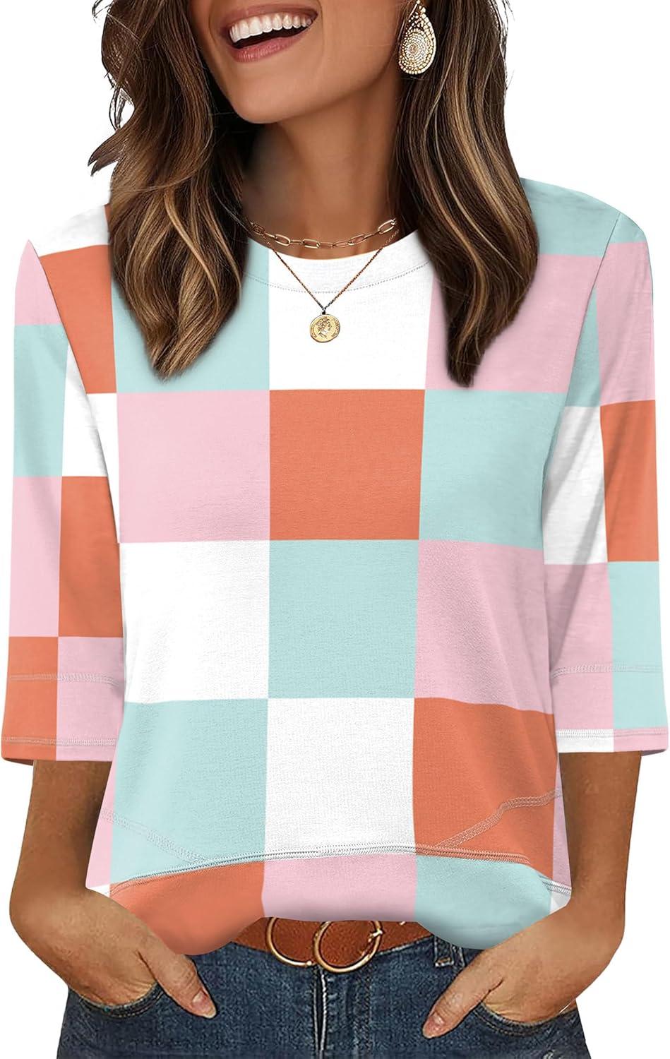 imageXIEERDUO 34 Length Sleeve Tops for Women Business Casual Blouses Slit Side Shirts Blouses Summer Fashion Clothes 2026Plaid Print