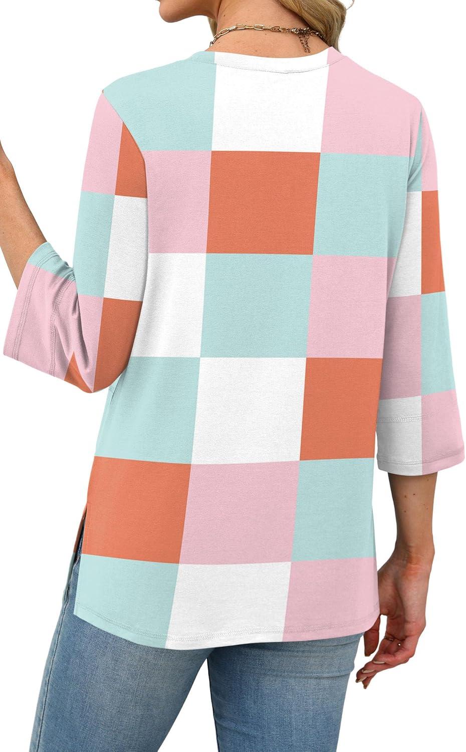 imageXIEERDUO 34 Length Sleeve Tops for Women Business Casual Blouses Slit Side Shirts Blouses Summer Fashion Clothes 2026Plaid Print