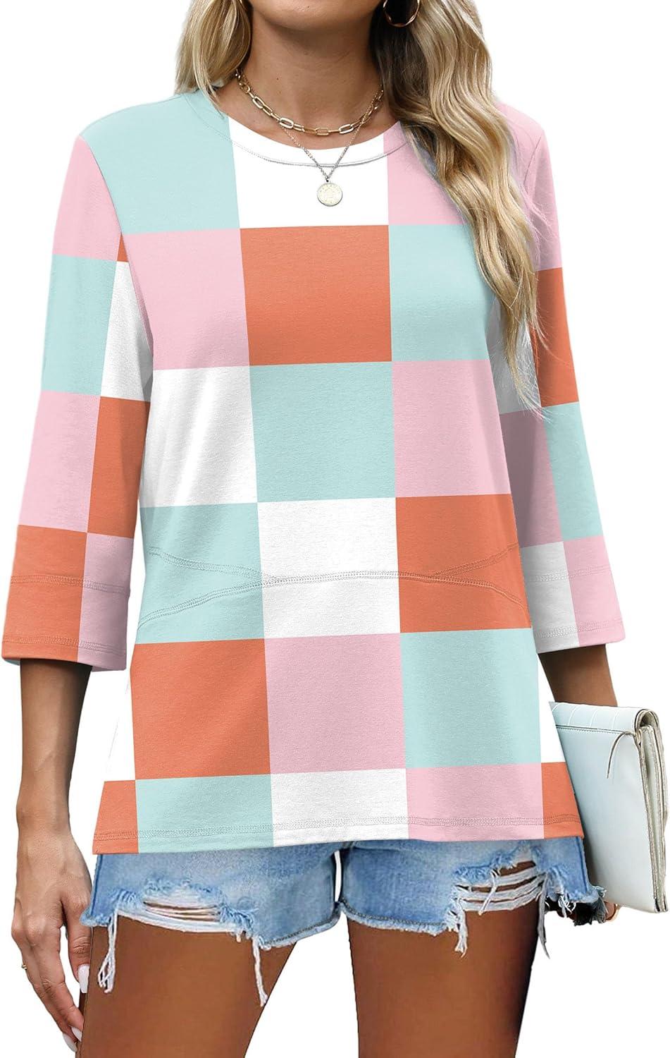 imageXIEERDUO 34 Length Sleeve Tops for Women Business Casual Blouses Slit Side Shirts Blouses Summer Fashion Clothes 2026Plaid Print