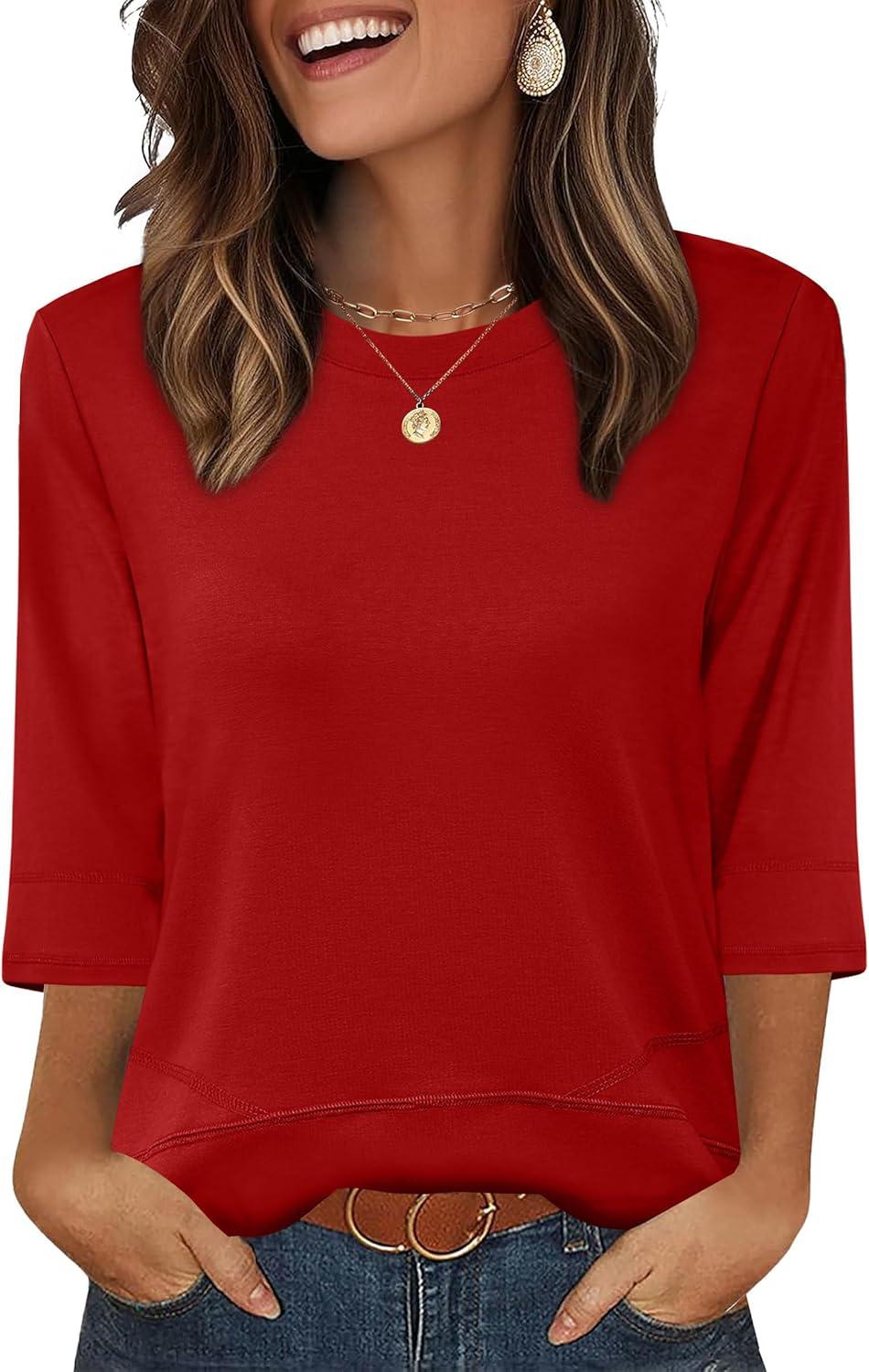 imageXIEERDUO 34 Length Sleeve Tops for Women Business Casual Blouses Slit Side Shirts Blouses Summer Fashion Clothes 2026Red