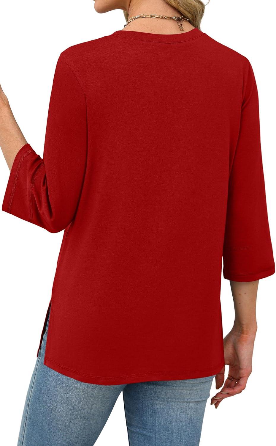 imageXIEERDUO 34 Length Sleeve Tops for Women Business Casual Blouses Slit Side Shirts Blouses Summer Fashion Clothes 2026Red