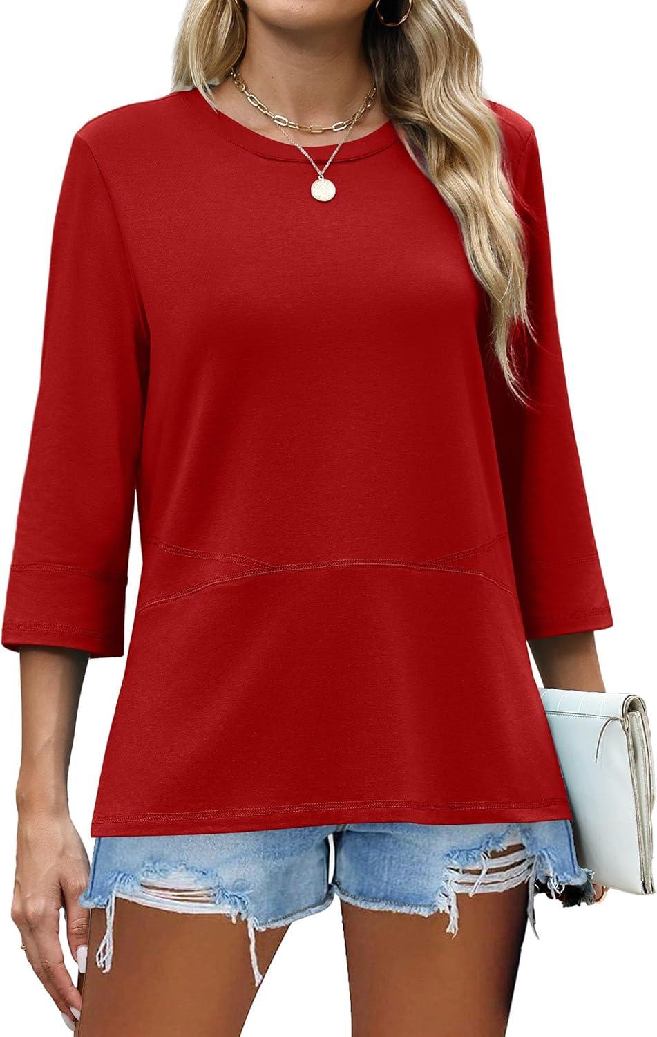 imageXIEERDUO 34 Length Sleeve Tops for Women Business Casual Blouses Slit Side Shirts Blouses Summer Fashion Clothes 2026Red