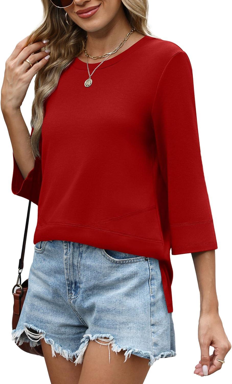 imageXIEERDUO 34 Length Sleeve Tops for Women Business Casual Blouses Slit Side Shirts Blouses Summer Fashion Clothes 2026Red