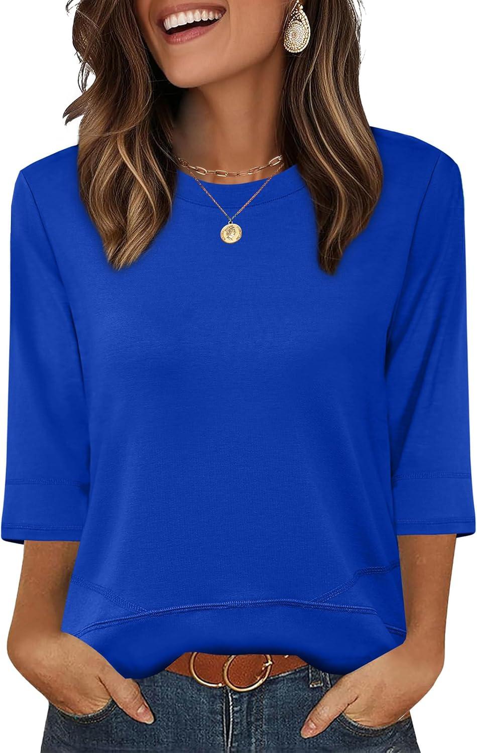 imageXIEERDUO 34 Length Sleeve Tops for Women Business Casual Blouses Slit Side Shirts Blouses Summer Fashion Clothes 2026Royal Blue