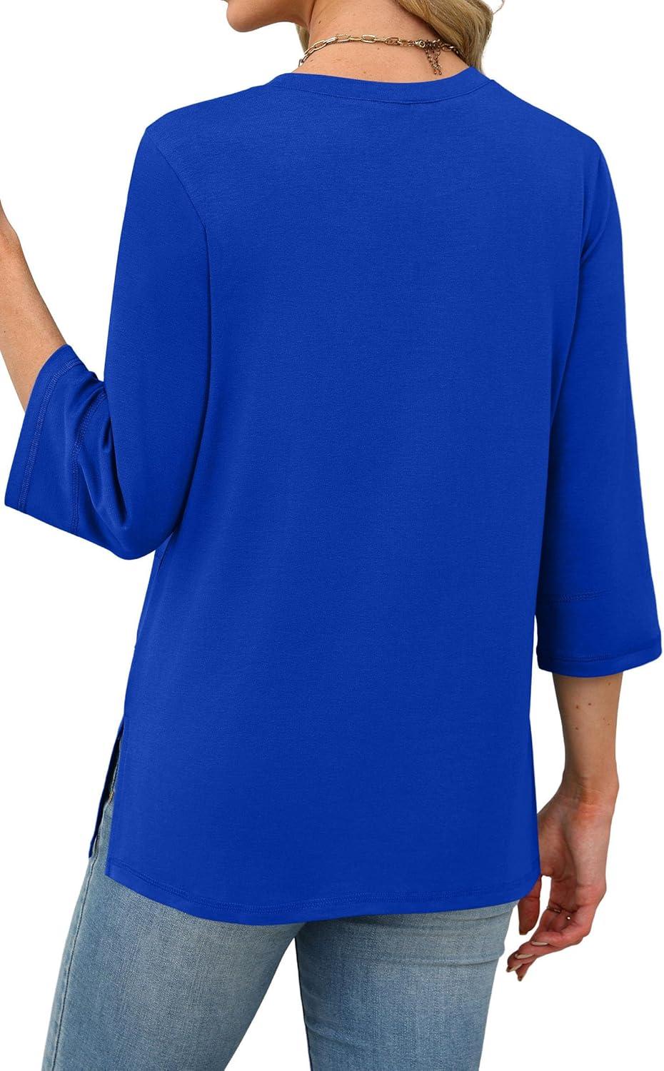 imageXIEERDUO 34 Length Sleeve Tops for Women Business Casual Blouses Slit Side Shirts Blouses Summer Fashion Clothes 2026Royal Blue