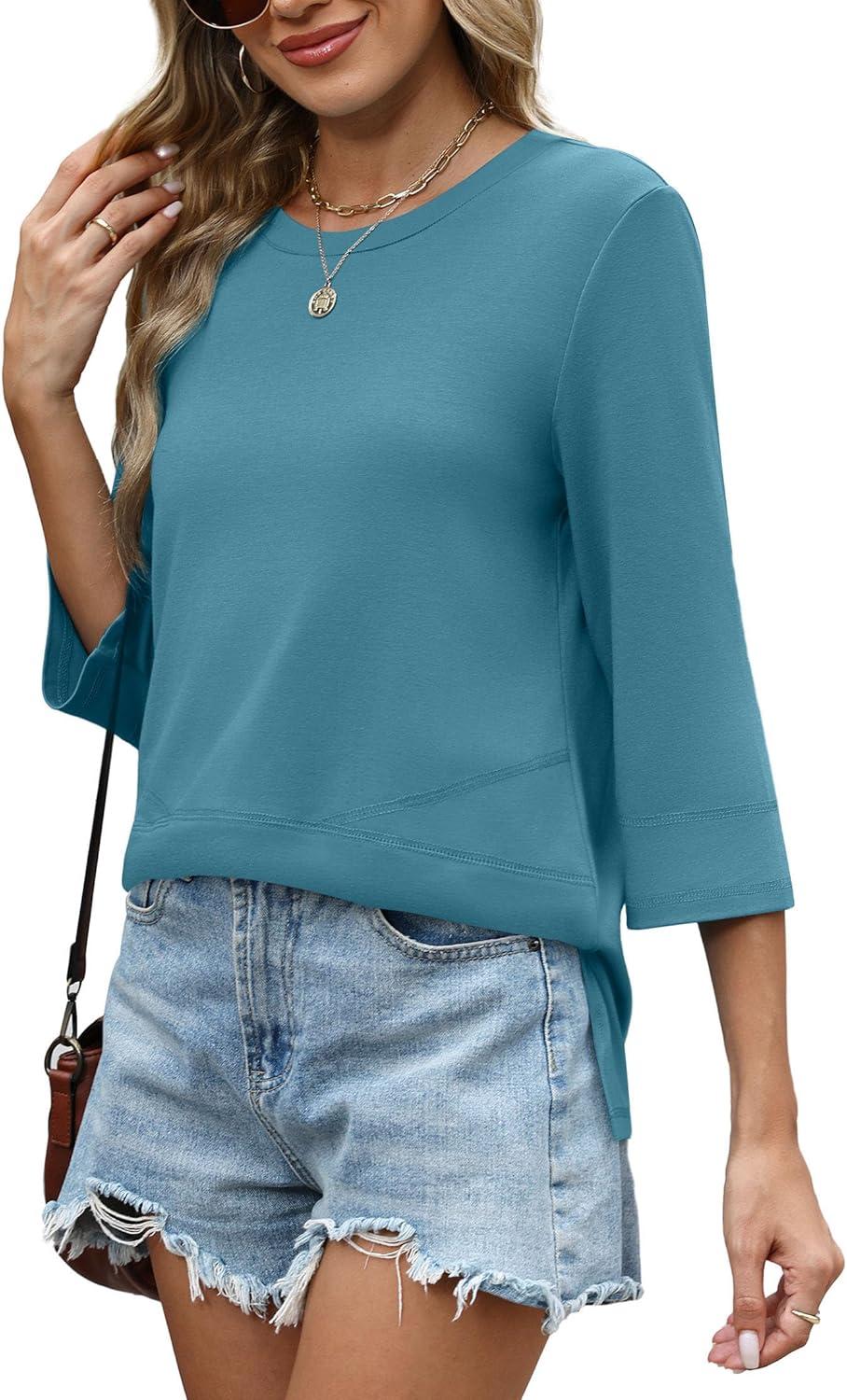imageXIEERDUO 34 Length Sleeve Tops for Women Business Casual Blouses Slit Side Shirts Blouses Summer Fashion Clothes 2026Turquoise