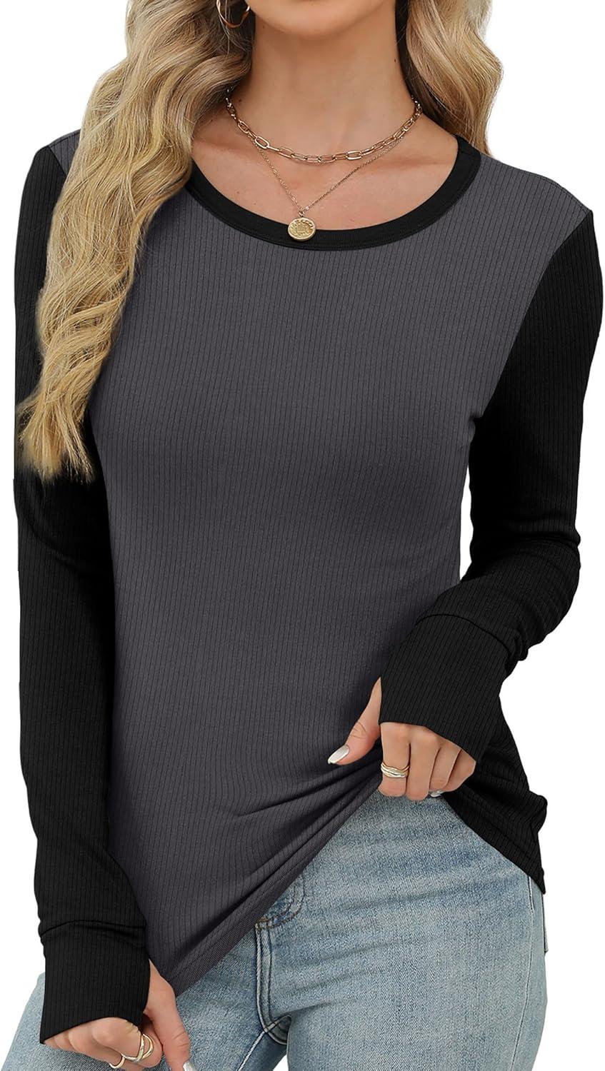 imageXIEERDUO Long Sleeve Thermal Shirt for Women Fleece Slim Fit Tops Crewneck Basic TShirts with Thumb Holes Fall Fashion 2025Colorblockgrayblack