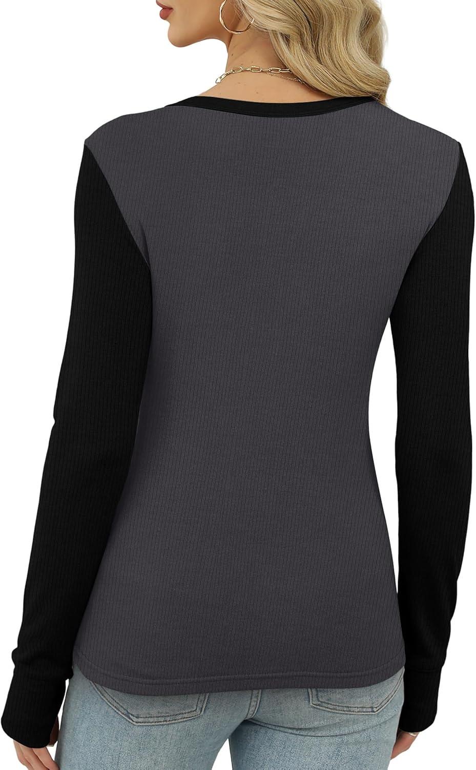 imageXIEERDUO Long Sleeve Thermal Shirt for Women Fleece Slim Fit Tops Crewneck Basic TShirts with Thumb Holes Fall Fashion 2025Colorblockgrayblack