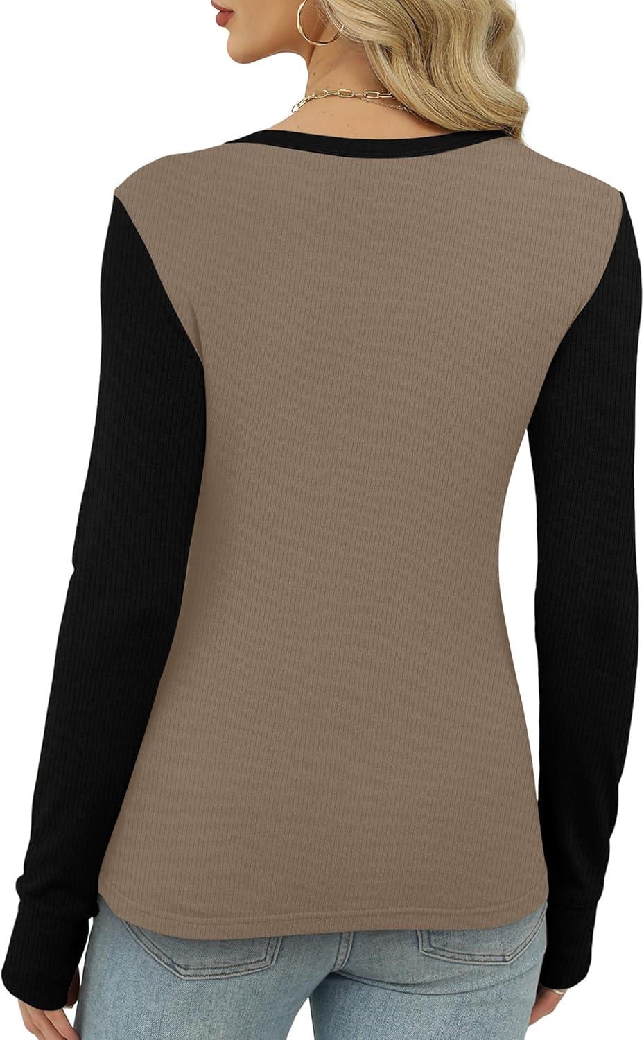 imageXIEERDUO Long Sleeve Thermal Shirt for Women Fleece Slim Fit Tops Crewneck Basic TShirts with Thumb Holes Fall Fashion 2025Colorblockkhakiblack