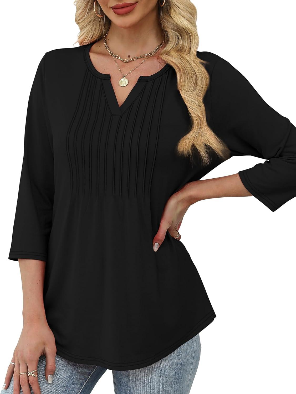 imageXIEERDUO Womens 34 Sleeve Tops 2025 VNeck Casual Pleated Shirts Blouses Beach Vacation Fall Fashion Clothes OutfitsAblack