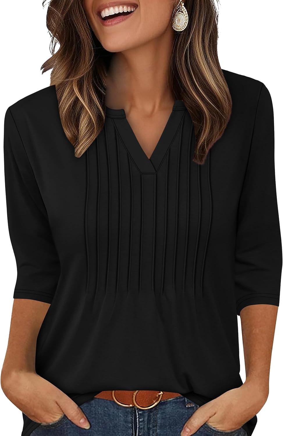 imageXIEERDUO Womens 34 Sleeve Tops 2025 VNeck Casual Pleated Shirts Blouses Beach Vacation Fall Fashion Clothes OutfitsAblack