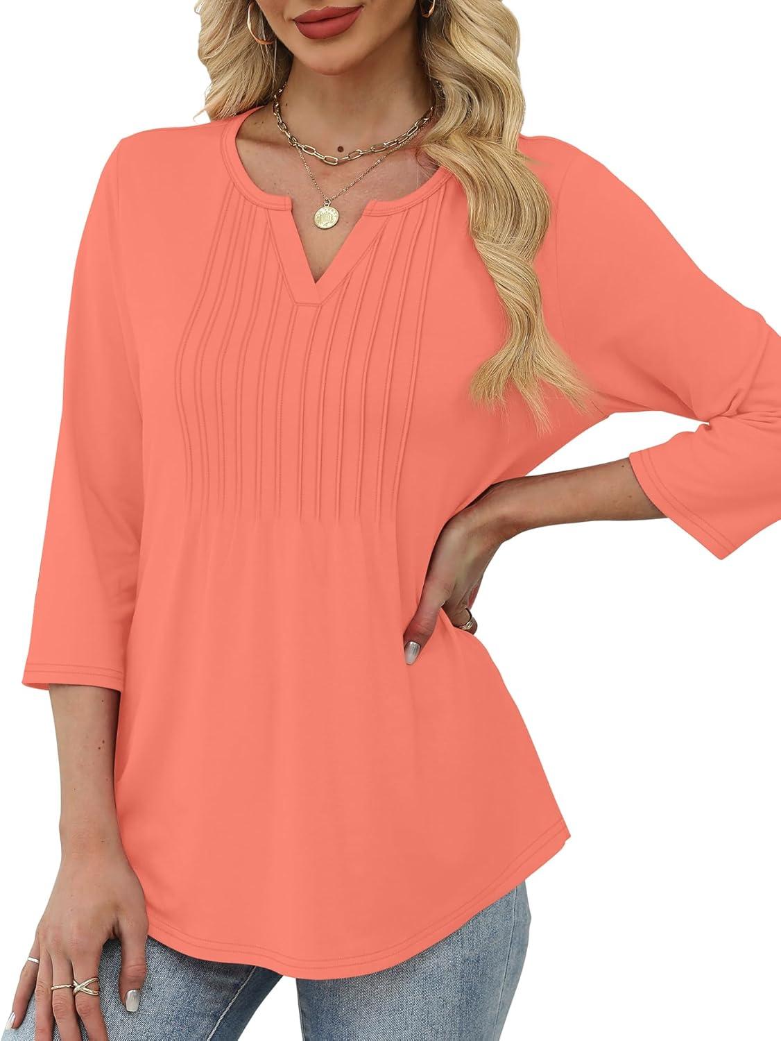 imageXIEERDUO Womens 34 Sleeve Tops 2025 VNeck Casual Pleated Shirts Blouses Beach Vacation Fall Fashion Clothes OutfitsAcoral