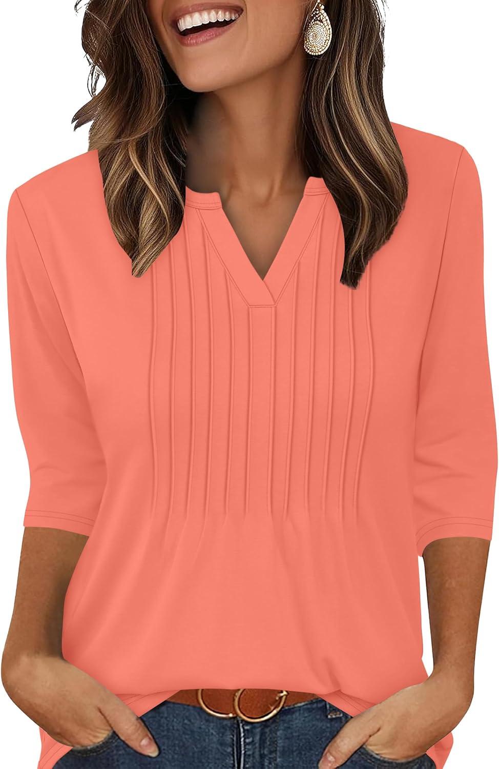 imageXIEERDUO Womens 34 Sleeve Tops 2025 VNeck Casual Pleated Shirts Blouses Beach Vacation Fall Fashion Clothes OutfitsAcoral