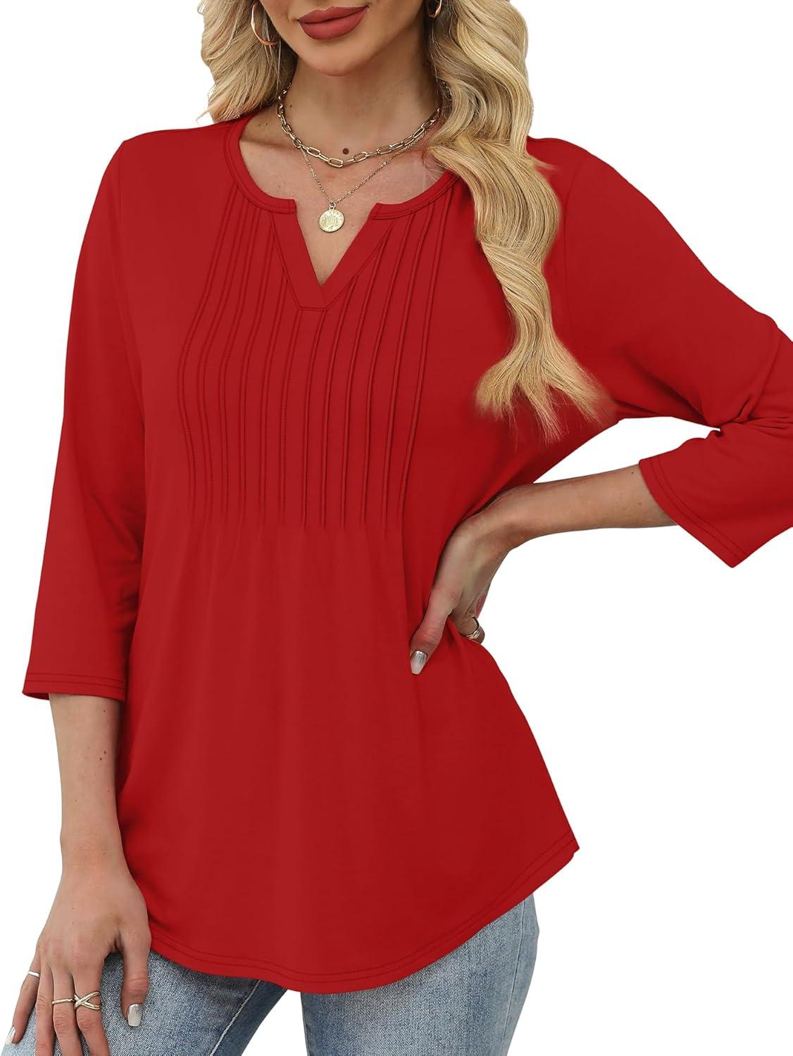 imageXIEERDUO Womens 34 Sleeve Tops 2025 VNeck Casual Pleated Shirts Blouses Beach Vacation Fall Fashion Clothes OutfitsAred