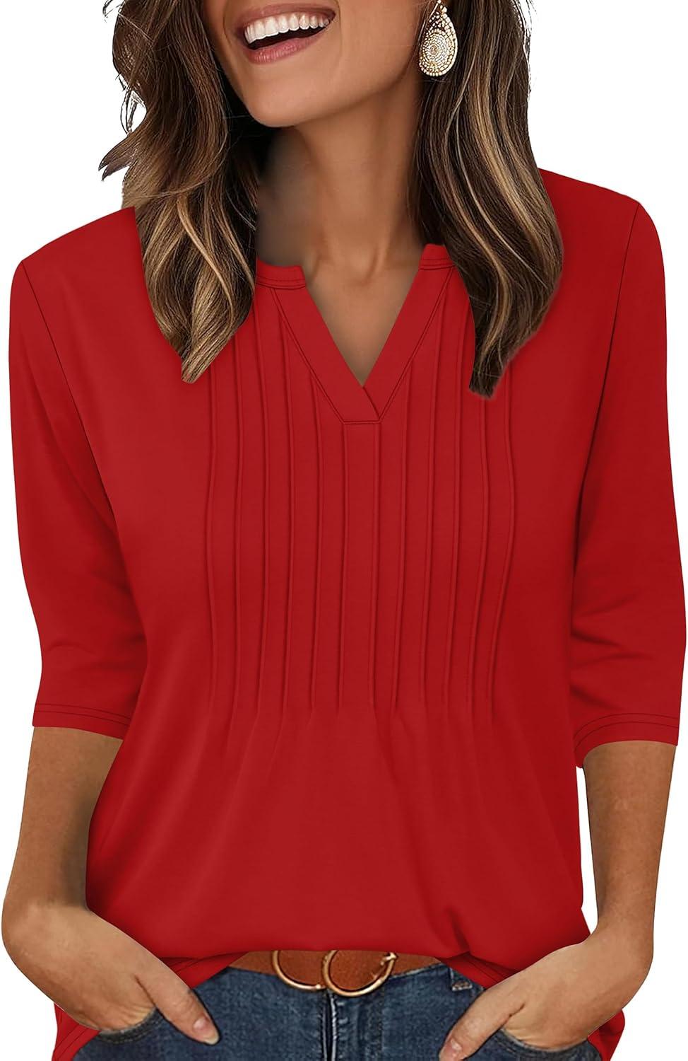 imageXIEERDUO Womens 34 Sleeve Tops 2025 VNeck Casual Pleated Shirts Blouses Beach Vacation Fall Fashion Clothes OutfitsAred