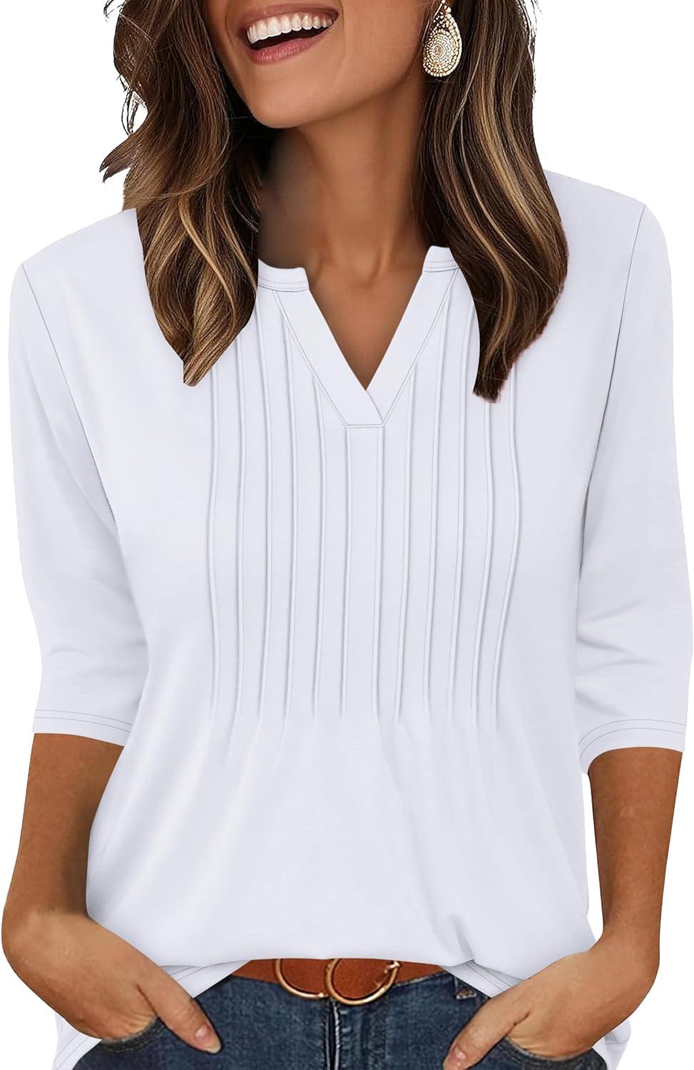 imageXIEERDUO Womens 34 Sleeve Tops 2025 VNeck Casual Pleated Shirts Blouses Beach Vacation Fall Fashion Clothes OutfitsAwhite