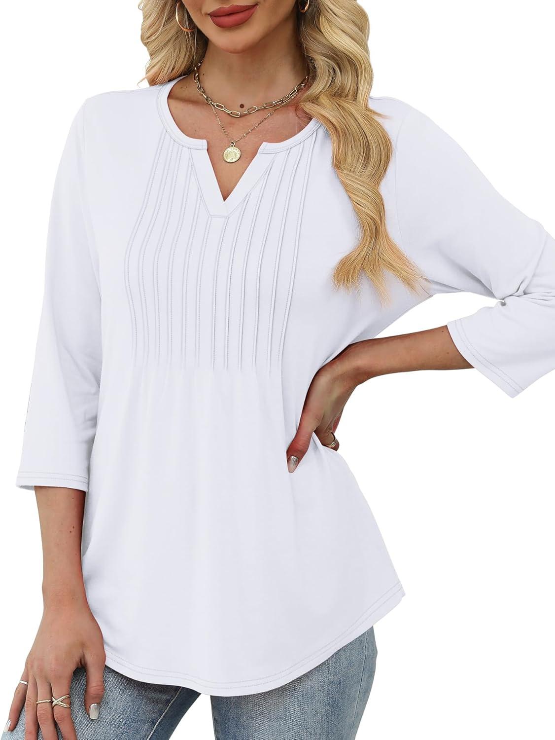 imageXIEERDUO Womens 34 Sleeve Tops 2025 VNeck Casual Pleated Shirts Blouses Beach Vacation Fall Fashion Clothes OutfitsAwhite