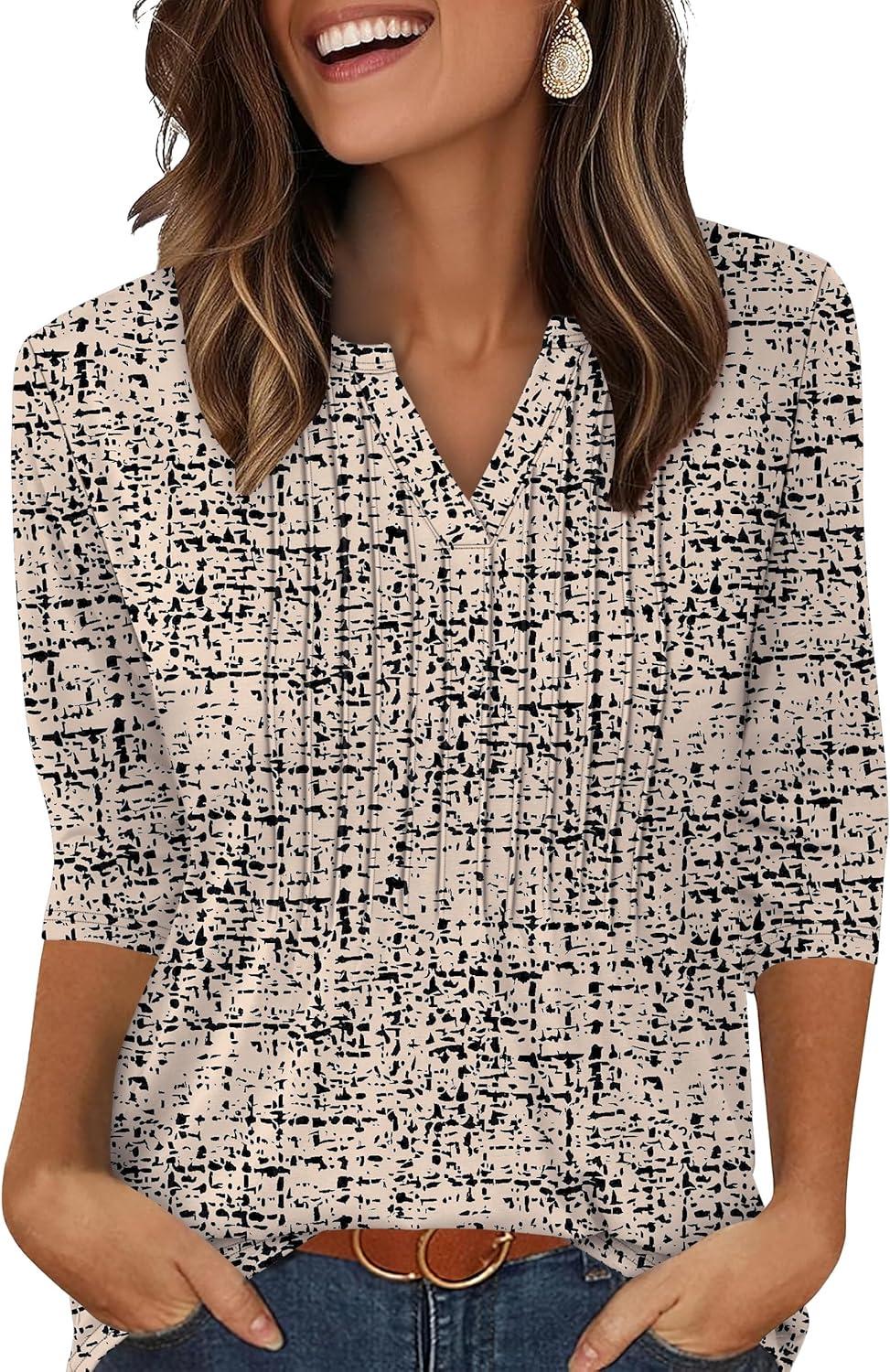 imageXIEERDUO Womens 34 Sleeve Tops 2025 VNeck Casual Pleated Shirts Blouses Beach Vacation Fall Fashion Clothes OutfitsFbeige Black Speckle