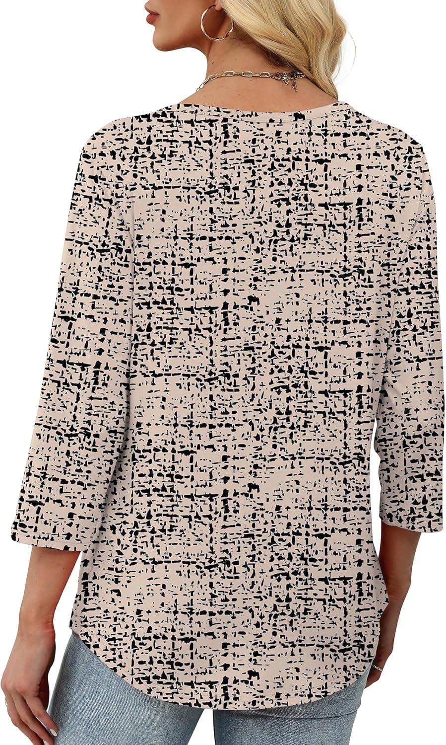 imageXIEERDUO Womens 34 Sleeve Tops 2025 VNeck Casual Pleated Shirts Blouses Beach Vacation Fall Fashion Clothes OutfitsFbeige Black Speckle