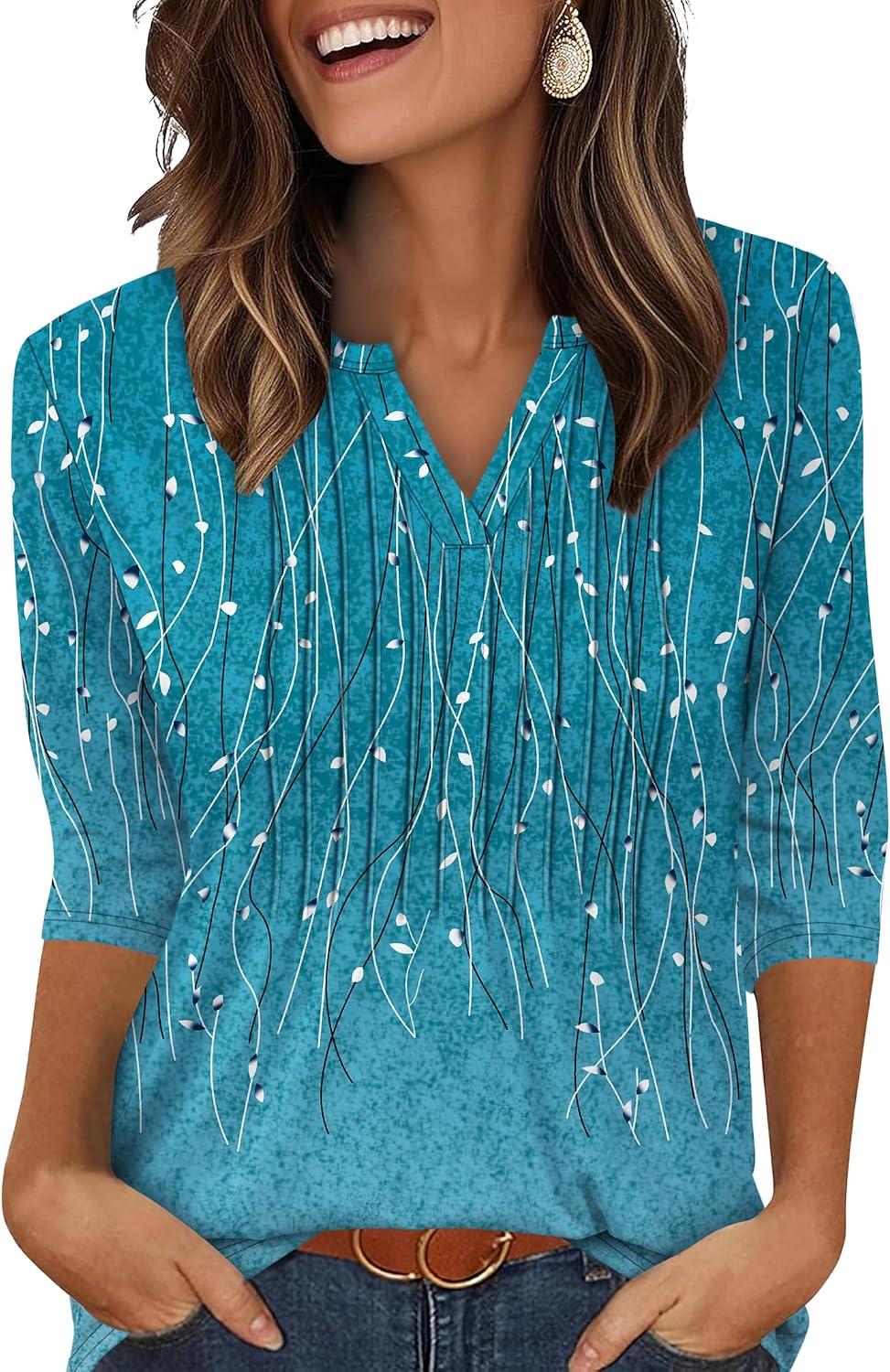 imageXIEERDUO Womens 34 Sleeve Tops 2025 VNeck Casual Pleated Shirts Blouses Beach Vacation Fall Fashion Clothes OutfitsFblue Gradient