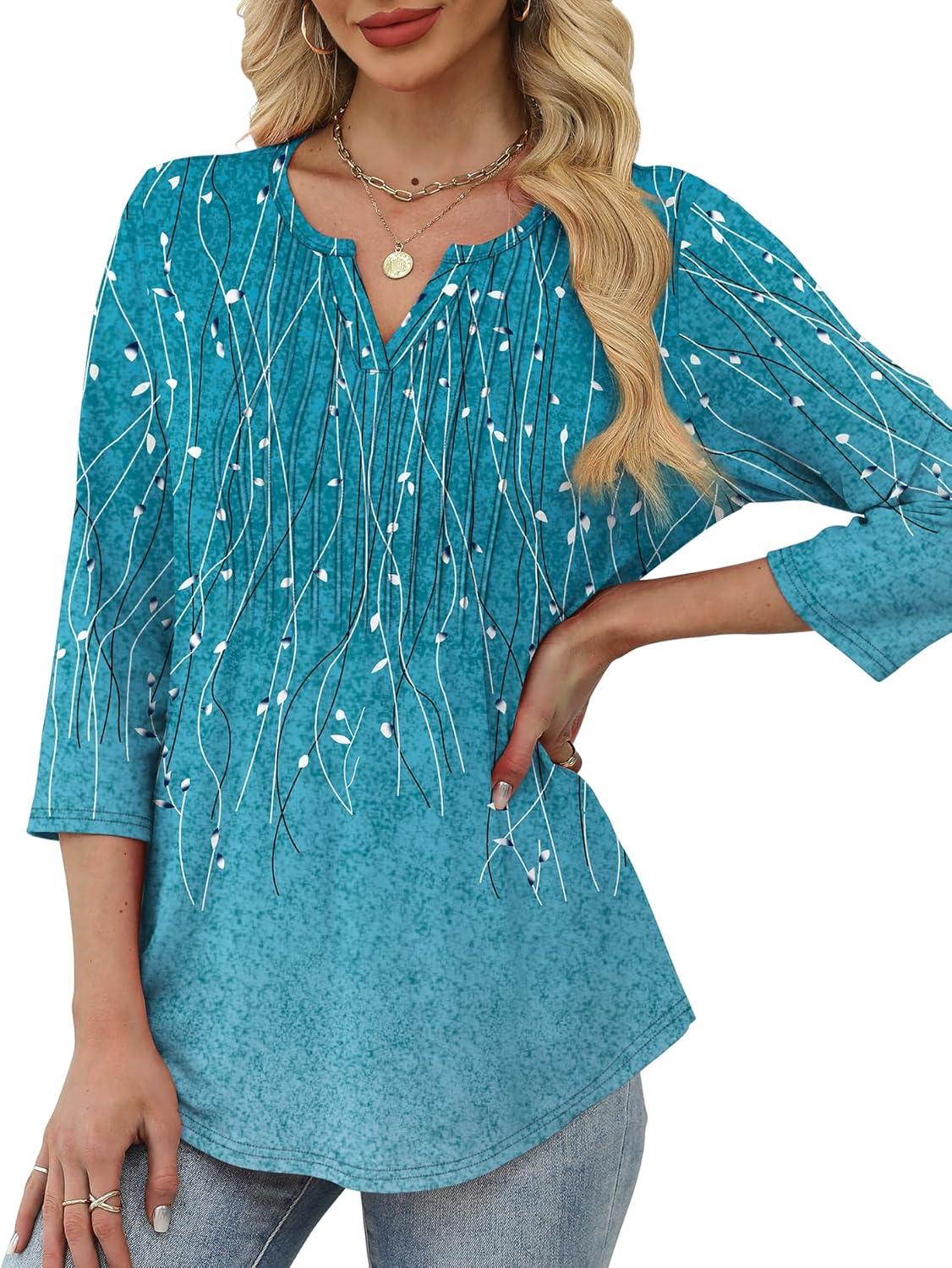 imageXIEERDUO Womens 34 Sleeve Tops 2025 VNeck Casual Pleated Shirts Blouses Beach Vacation Fall Fashion Clothes OutfitsFblue Gradient