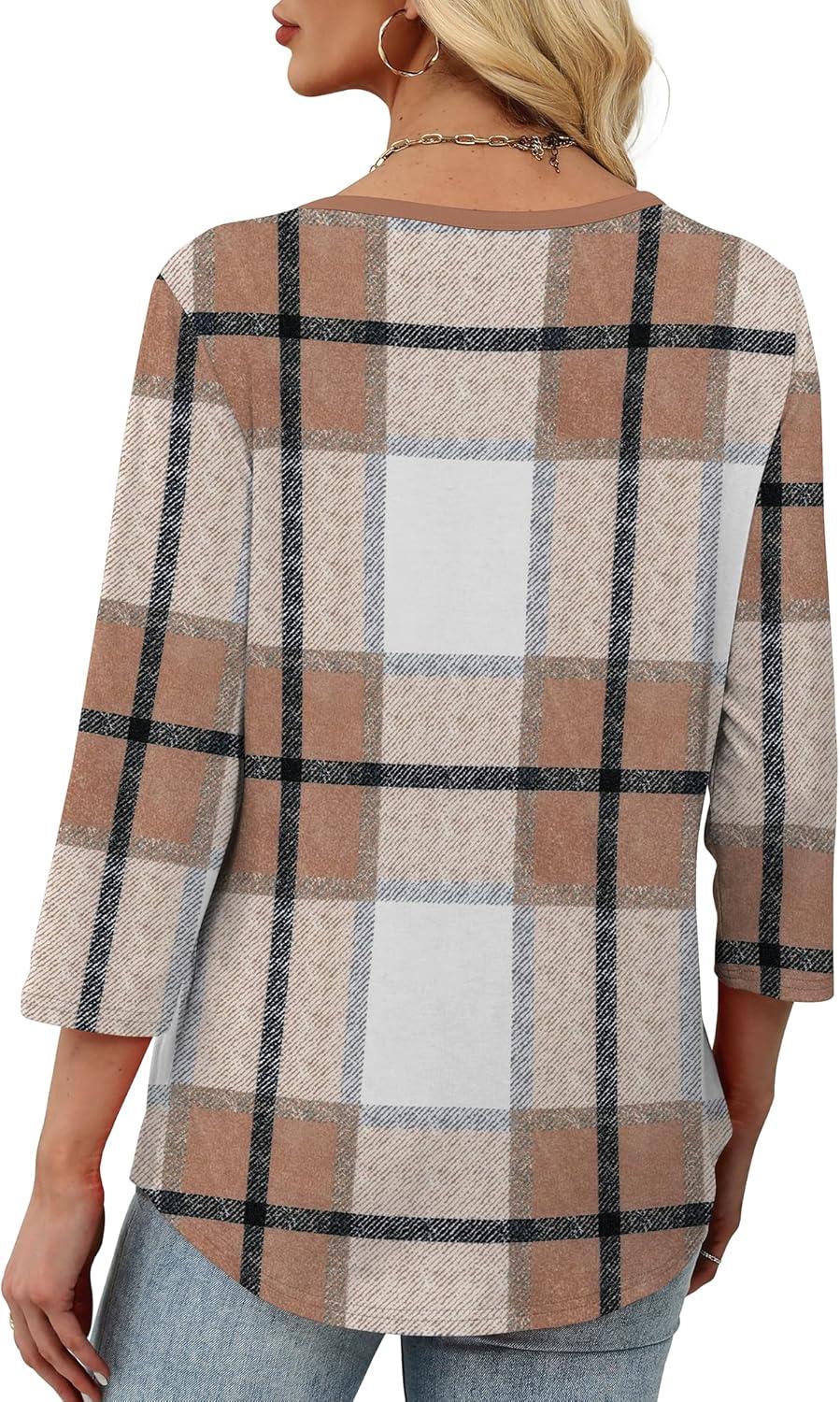 imageXIEERDUO Womens 34 Sleeve Tops 2025 VNeck Casual Pleated Shirts Blouses Beach Vacation Fall Fashion Clothes OutfitsFbrown Blue Plaid