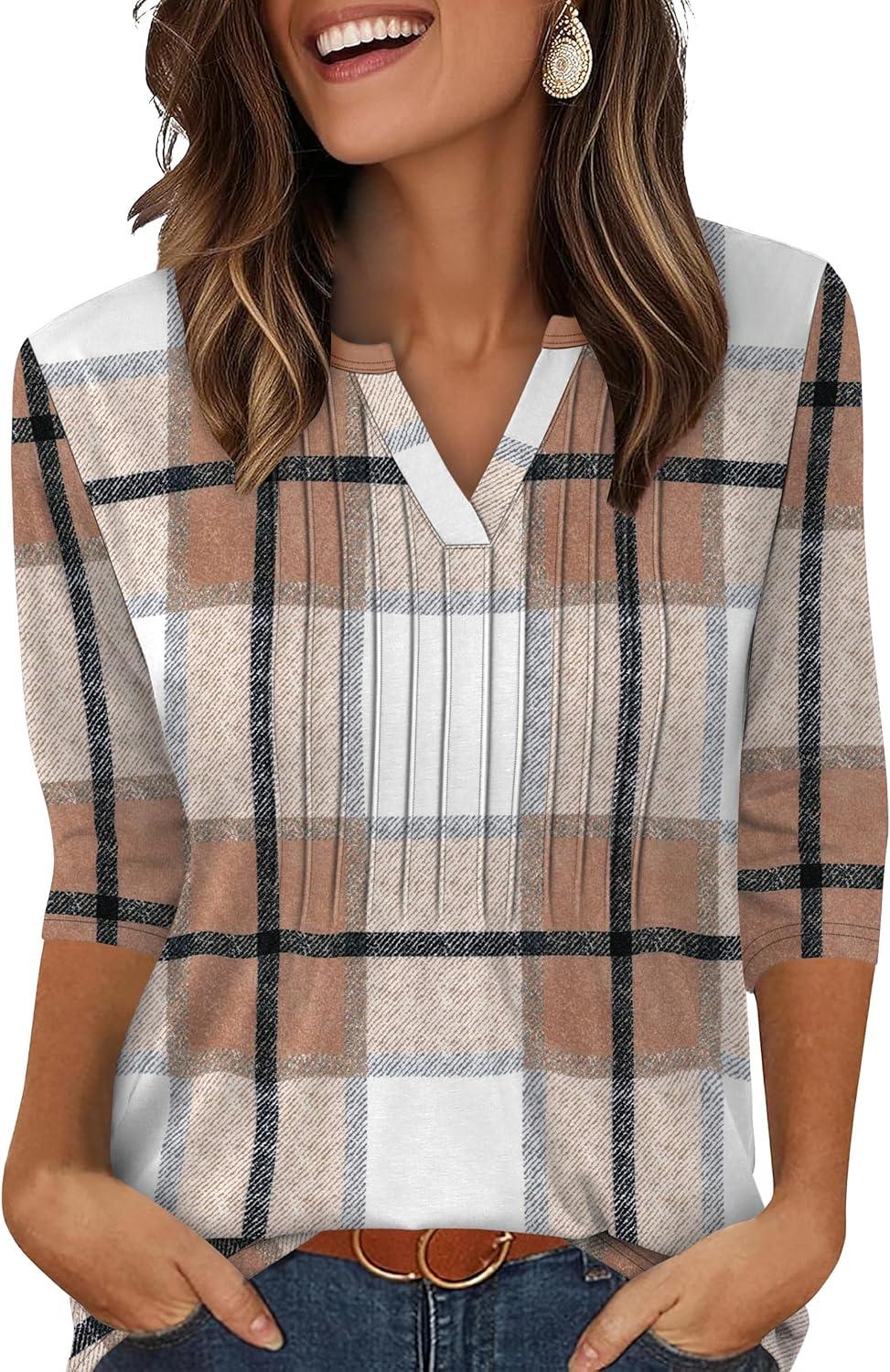 imageXIEERDUO Womens 34 Sleeve Tops 2025 VNeck Casual Pleated Shirts Blouses Beach Vacation Fall Fashion Clothes OutfitsFbrown Blue Plaid