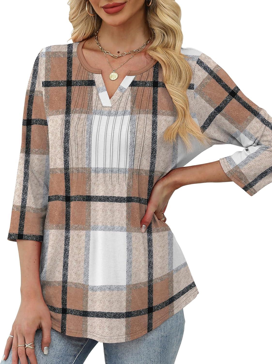 imageXIEERDUO Womens 34 Sleeve Tops 2025 VNeck Casual Pleated Shirts Blouses Beach Vacation Fall Fashion Clothes OutfitsFbrown Blue Plaid