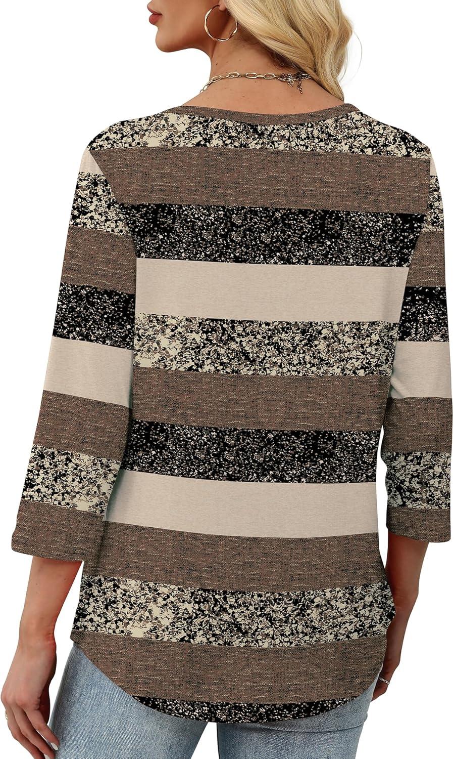 imageXIEERDUO Womens 34 Sleeve Tops 2025 VNeck Casual Pleated Shirts Blouses Beach Vacation Fall Fashion Clothes OutfitsFbrown Stripe