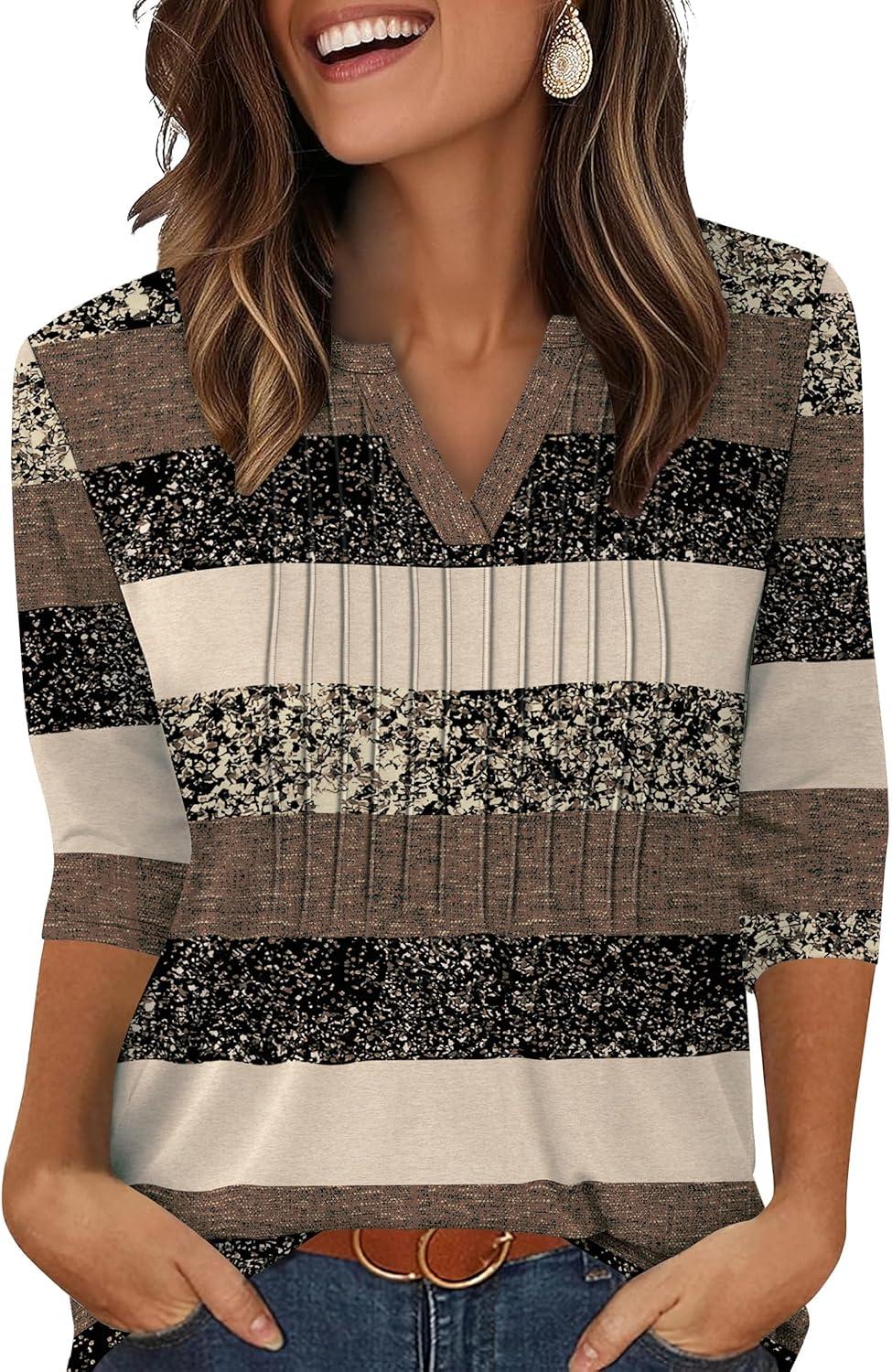 imageXIEERDUO Womens 34 Sleeve Tops 2025 VNeck Casual Pleated Shirts Blouses Beach Vacation Fall Fashion Clothes OutfitsFbrown Stripe