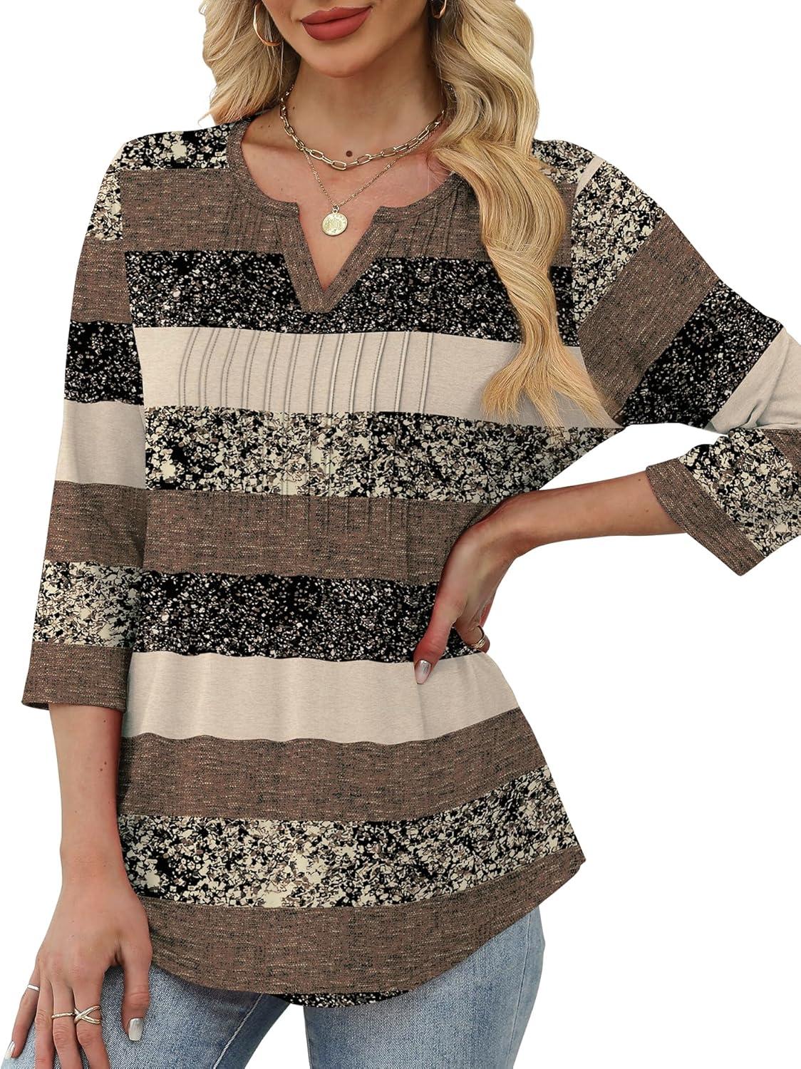 imageXIEERDUO Womens 34 Sleeve Tops 2025 VNeck Casual Pleated Shirts Blouses Beach Vacation Fall Fashion Clothes OutfitsFbrown Stripe