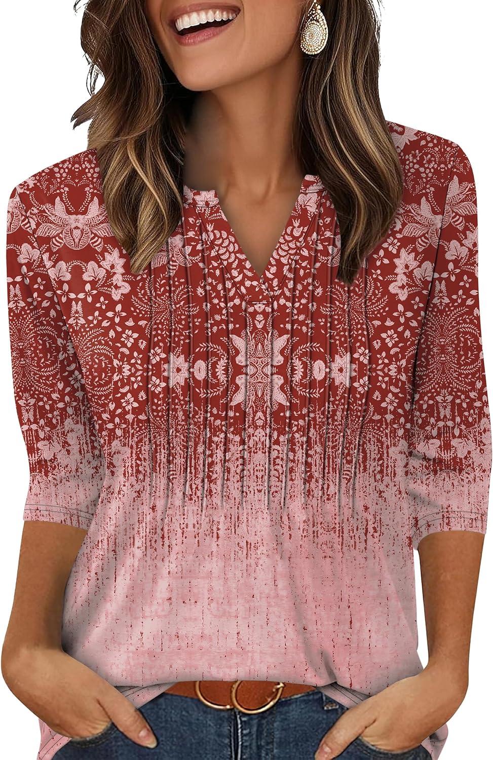 imageXIEERDUO Womens 34 Sleeve Tops 2025 VNeck Casual Pleated Shirts Blouses Beach Vacation Fall Fashion Clothes OutfitsFburgundy Floral