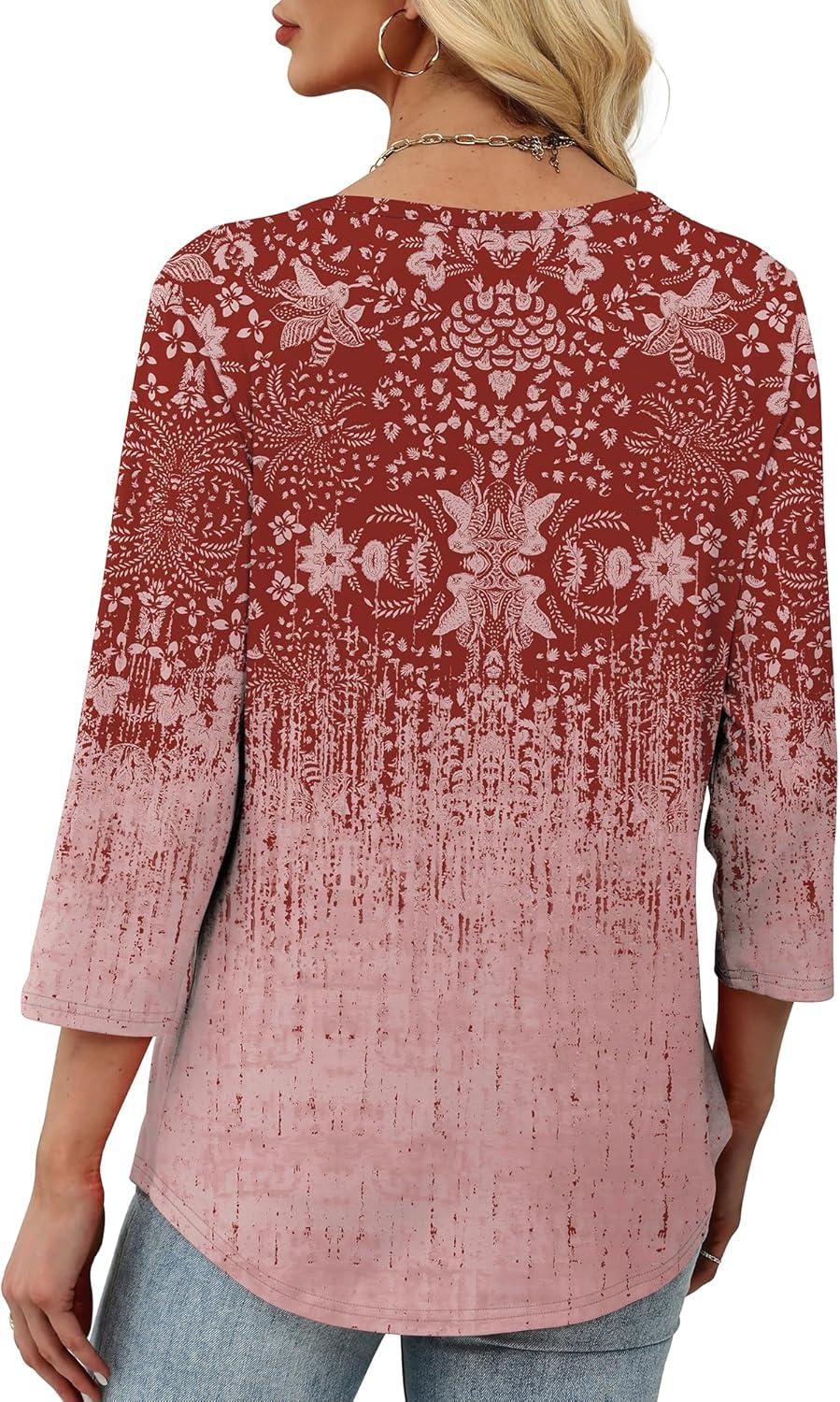 imageXIEERDUO Womens 34 Sleeve Tops 2025 VNeck Casual Pleated Shirts Blouses Beach Vacation Fall Fashion Clothes OutfitsFburgundy Floral
