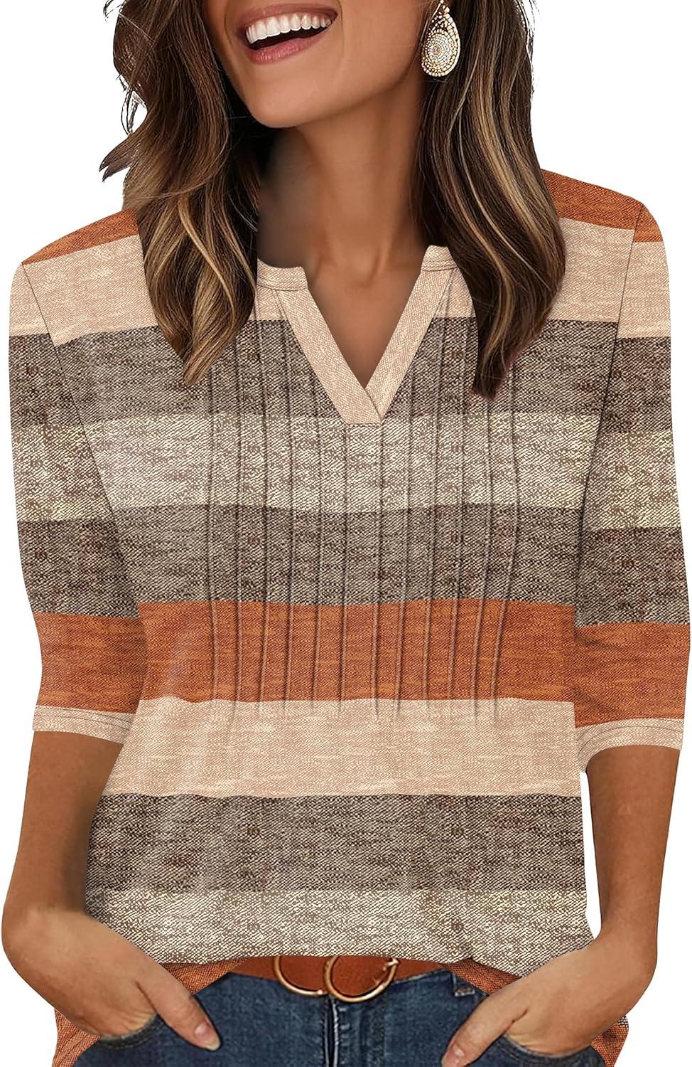 imageXIEERDUO Womens 34 Sleeve Tops 2025 VNeck Casual Pleated Shirts Blouses Beach Vacation Fall Fashion Clothes OutfitsFclay Stripe