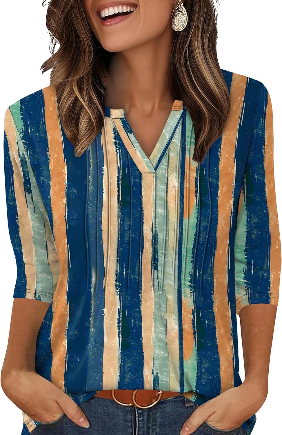 imageXIEERDUO Womens 34 Sleeve Tops 2025 VNeck Casual Pleated Shirts Blouses Beach Vacation Fall Fashion Clothes OutfitsFcolor Streak