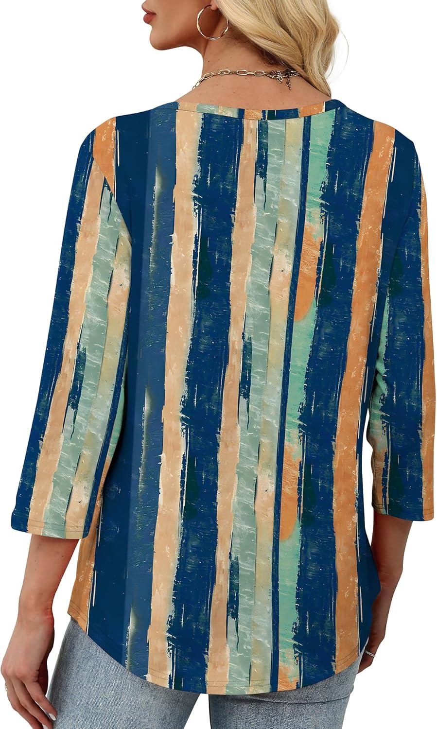 imageXIEERDUO Womens 34 Sleeve Tops 2025 VNeck Casual Pleated Shirts Blouses Beach Vacation Fall Fashion Clothes OutfitsFcolor Streak