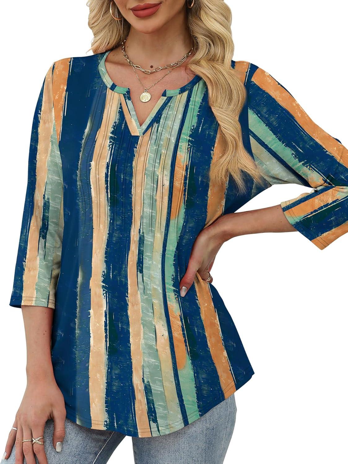 imageXIEERDUO Womens 34 Sleeve Tops 2025 VNeck Casual Pleated Shirts Blouses Beach Vacation Fall Fashion Clothes OutfitsFcolor Streak