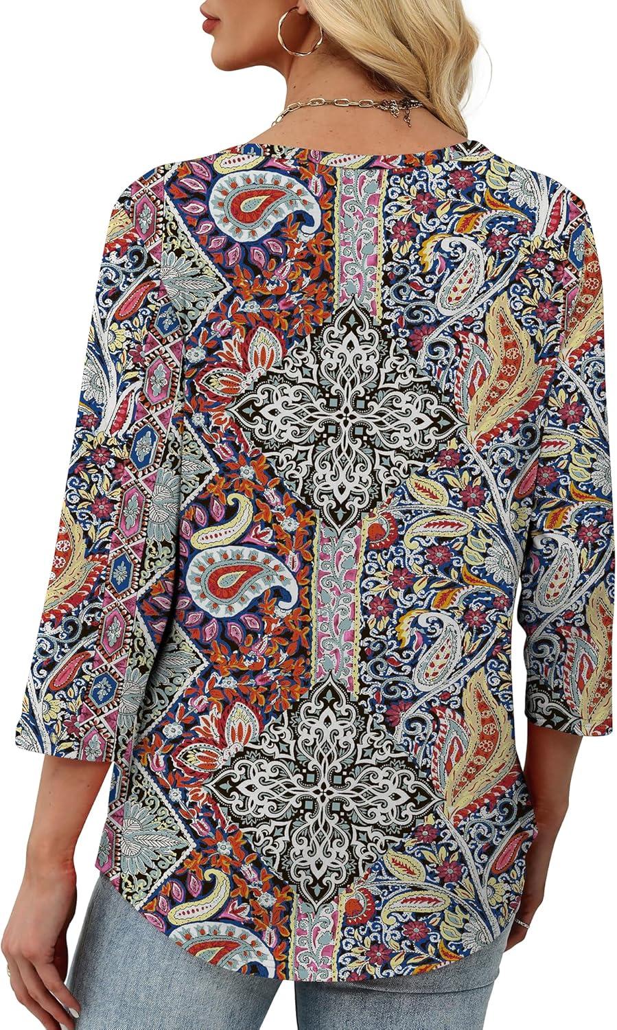 imageXIEERDUO Womens 34 Sleeve Tops 2025 VNeck Casual Pleated Shirts Blouses Beach Vacation Fall Fashion Clothes OutfitsFcolorful Paisley
