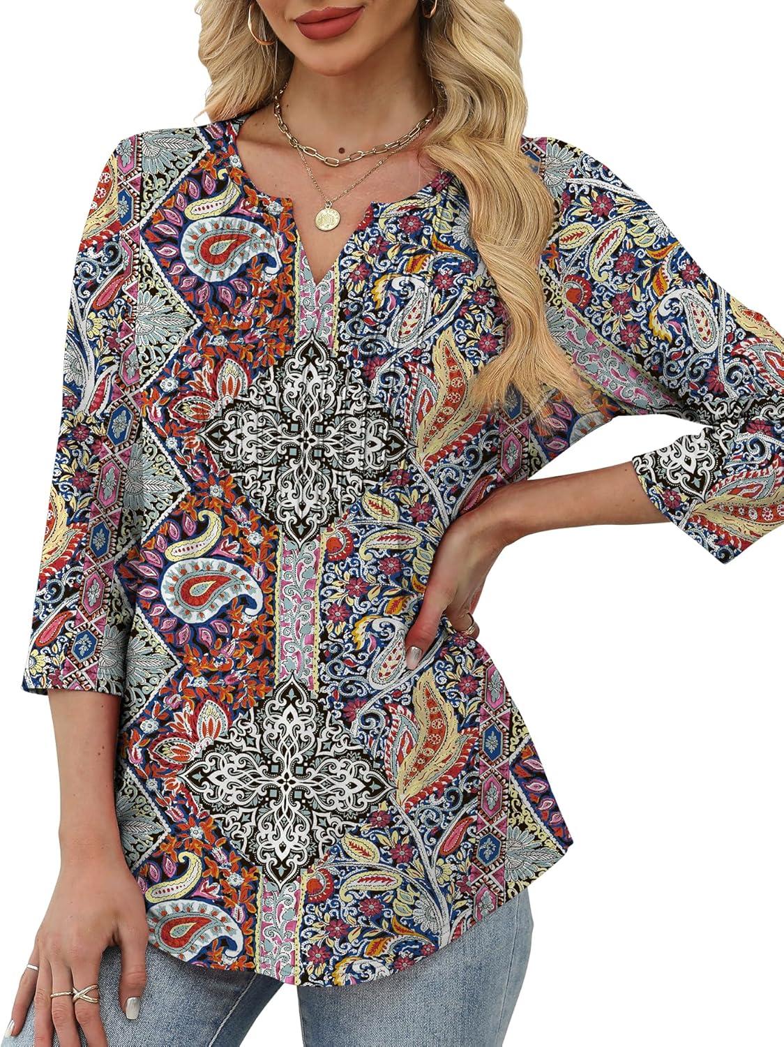 imageXIEERDUO Womens 34 Sleeve Tops 2025 VNeck Casual Pleated Shirts Blouses Beach Vacation Fall Fashion Clothes OutfitsFcolorful Paisley